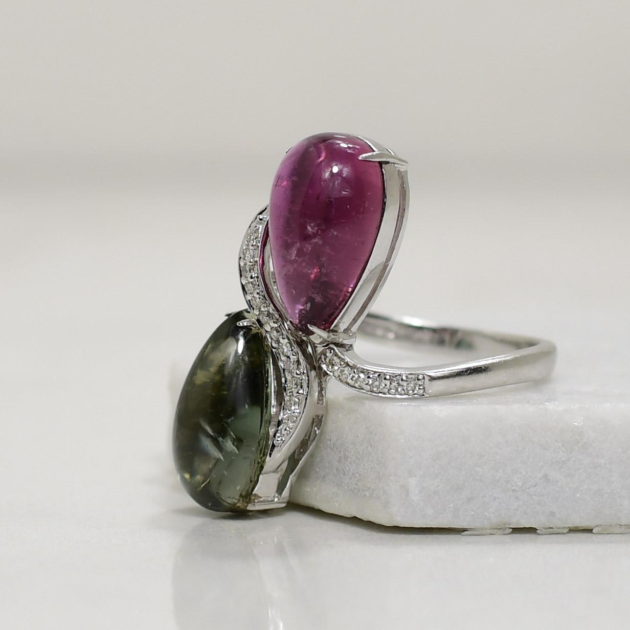 Vintage Toi et Moi Green & Pink Tourmaline Pear & Diamond White Gold Ring In Good Condition In Addison, TX