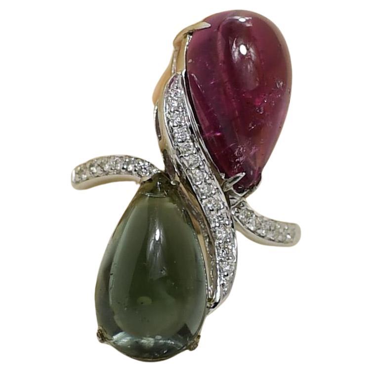 Vintage Toi et Moi Green & Pink Tourmaline Pear & Diamond White Gold Ring For Sale