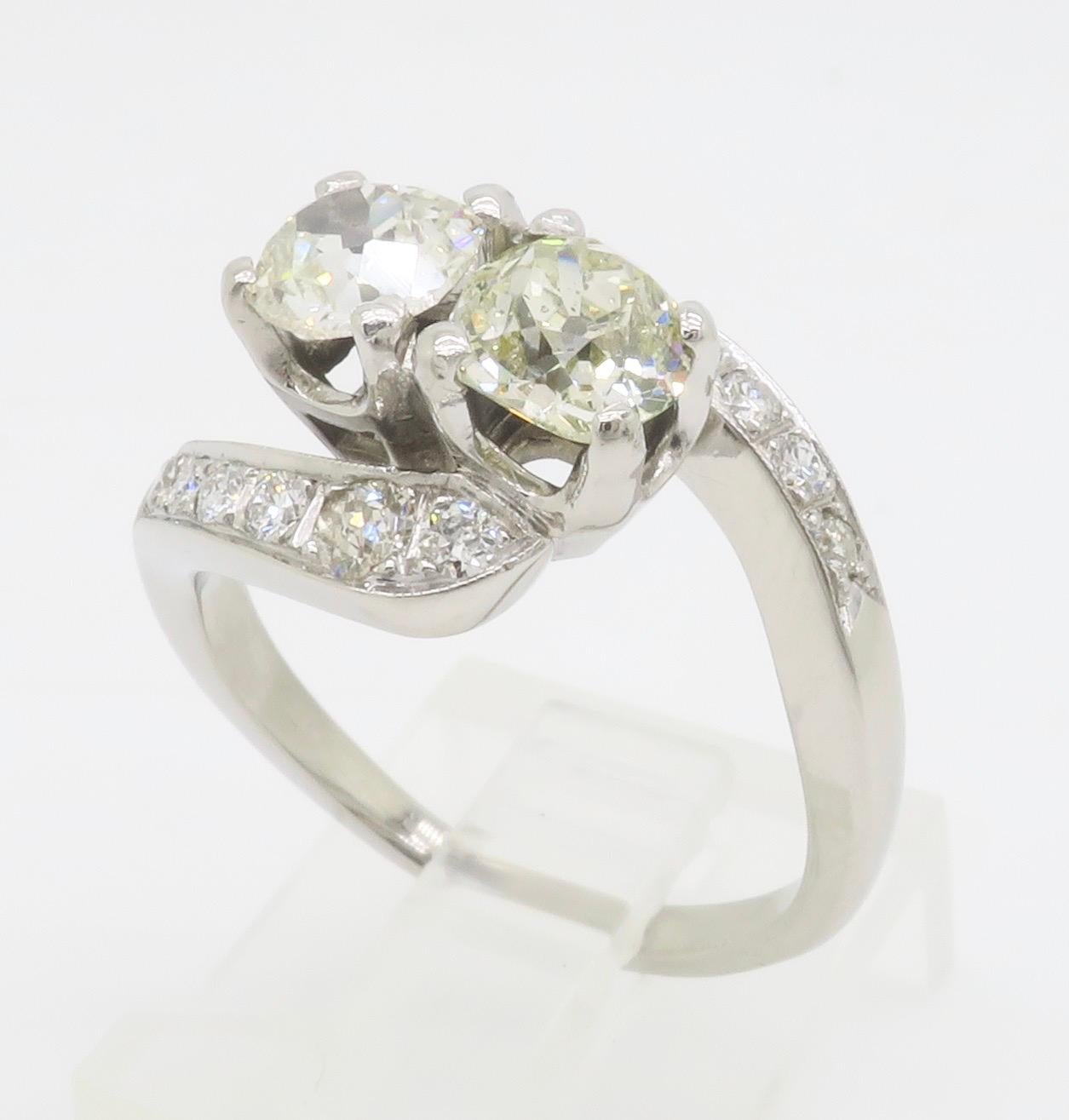 Anello vintage Toi-et-Moi in oro bianco 14 carati in vendita 6