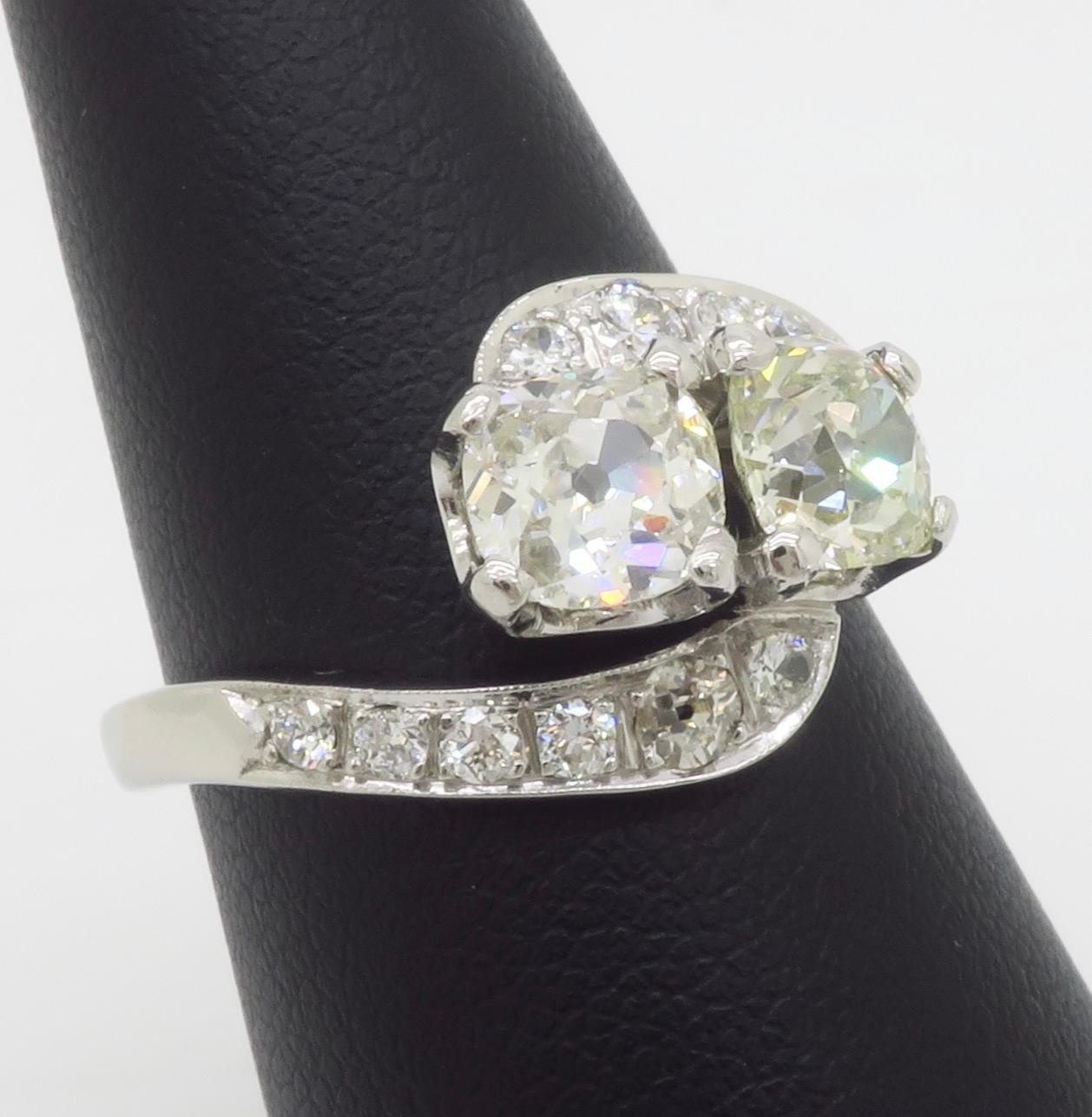 Anello vintage Toi-et-Moi in oro bianco 14 carati in vendita 3