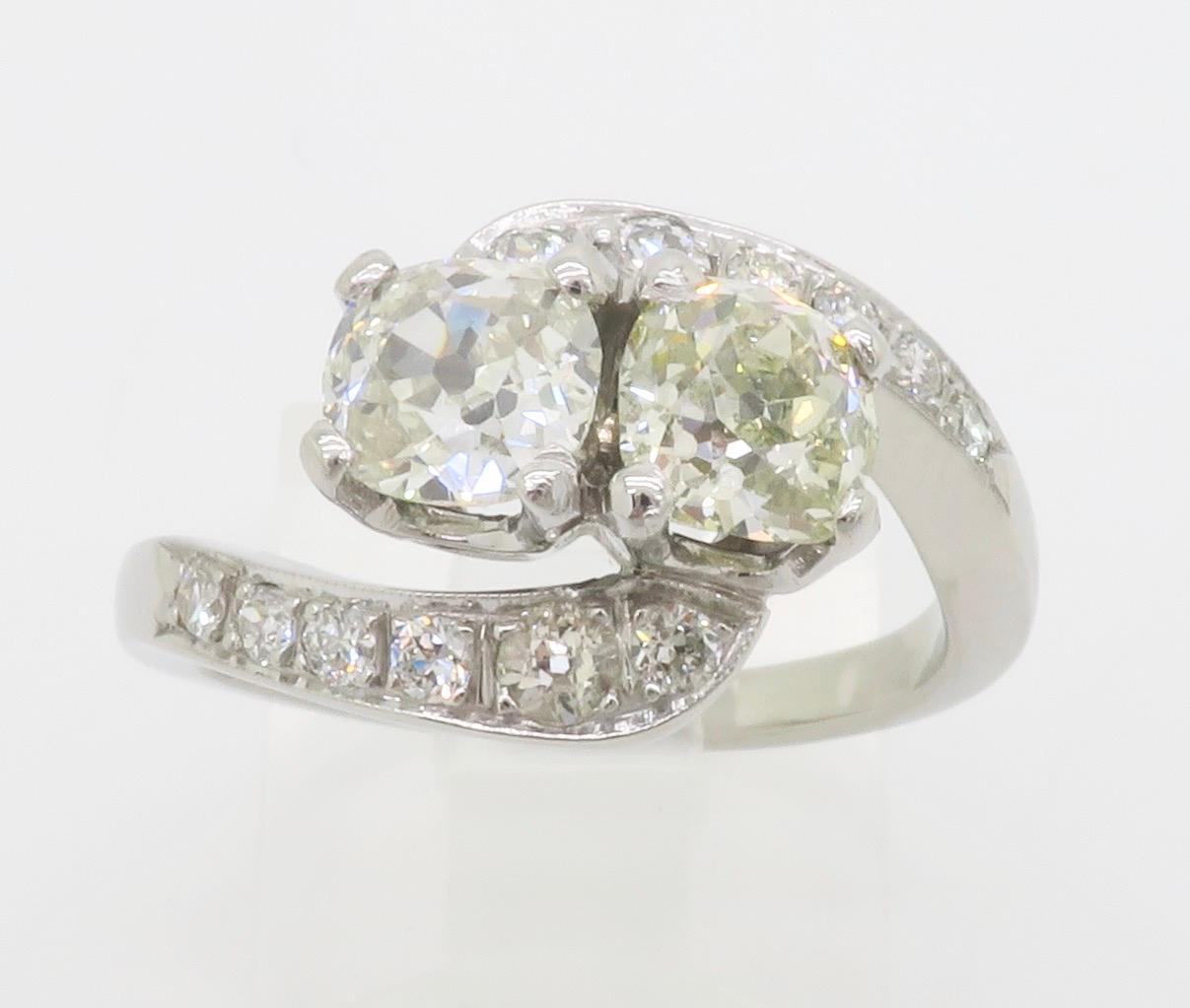 Anello vintage Toi-et-Moi in oro bianco 14 carati in vendita 4