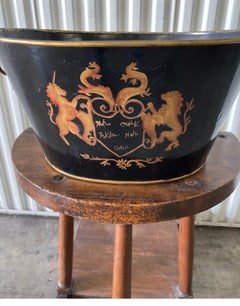 Vintage Tole Armorial Container, Black Tôle Planter, 20th Century