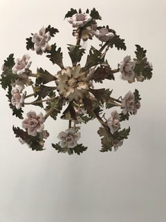 Vintage Tole Chandelier Adorned with Pink Roses