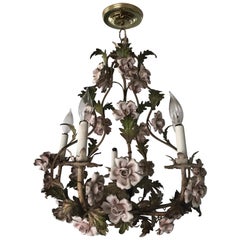 Vintage Tole Chandelier Adorned with Pink Roses