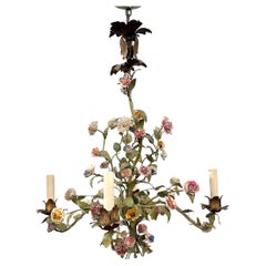Vintage Tole Chandelier with Porcelain Flowers