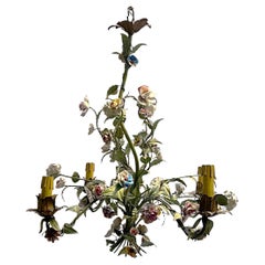 Lustre Vintage Tole avec Fleurs en Porcelaine