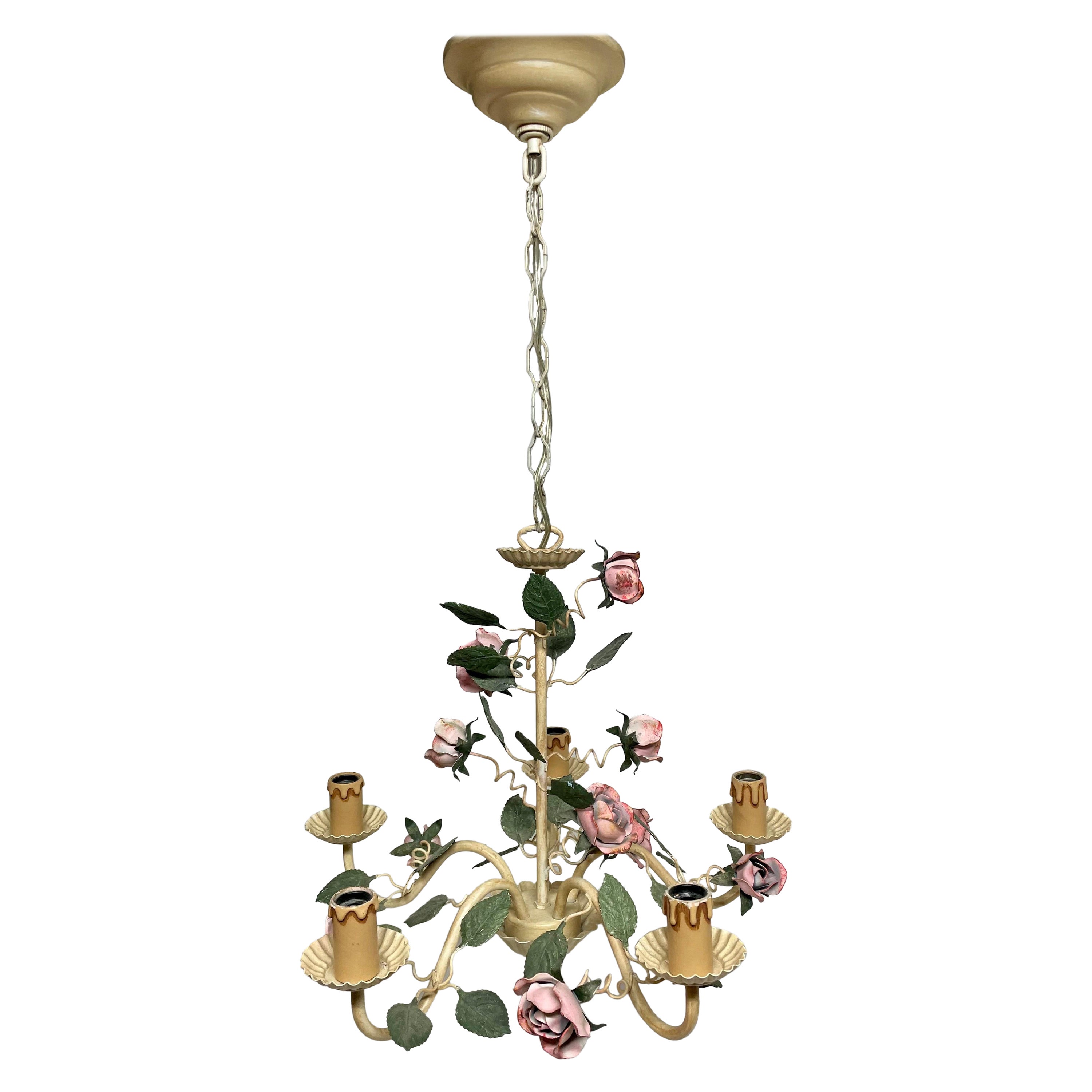 Vintage Tole Floral Chandelier with Roses