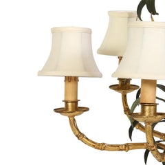 Vintage Tole Green Palm and Gold Bamboo Chandelier