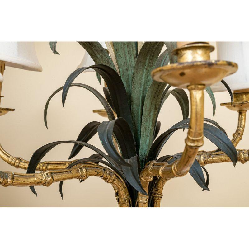 Vintage Tole Green Palm and Gold Bamboo Chandelier In Good Condition For Sale In Locust Valley, NY