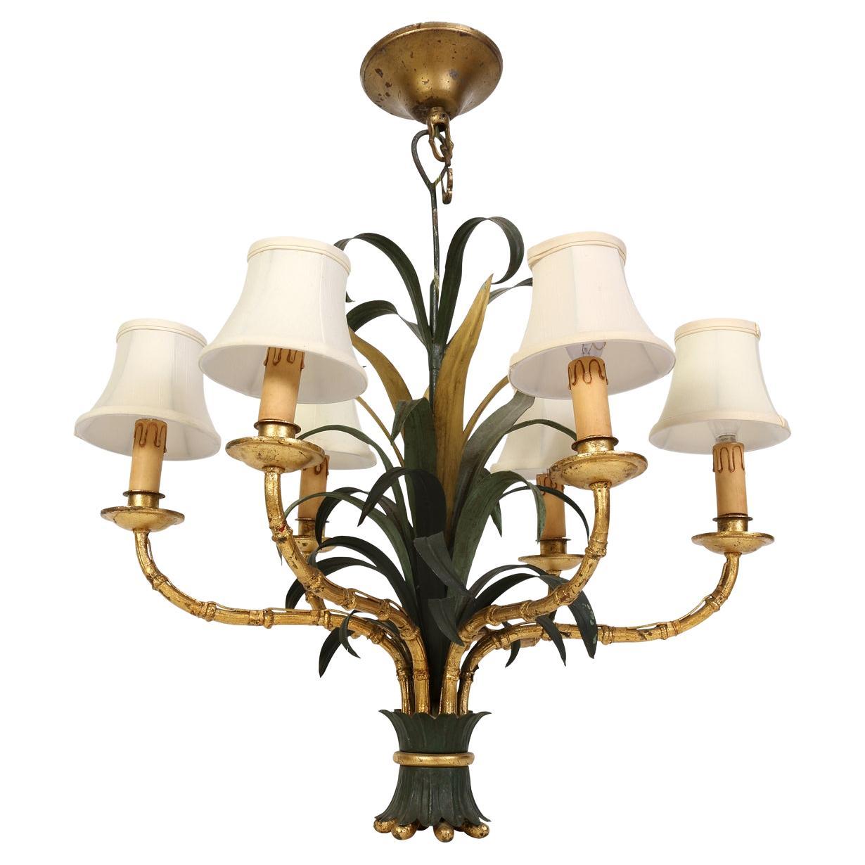 Vintage Tole Green Palm and Gold Bamboo Chandelier