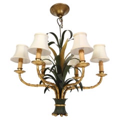 Retro Tole Green Palm and Gold Bamboo Chandelier