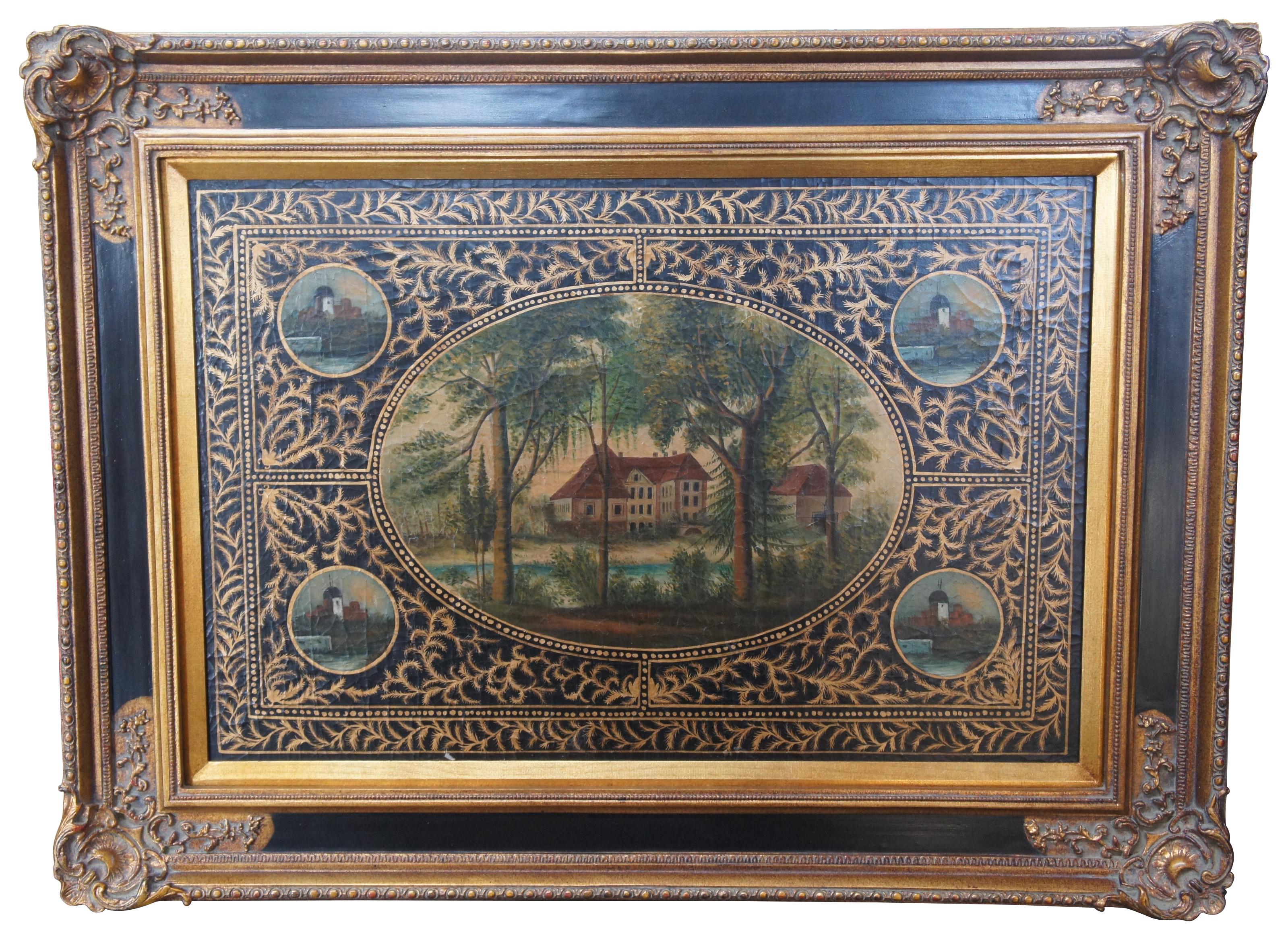 An elegant hand painted toleware landscape. Features colorful hand painted scenes set within cameos. A black background with gold foliate and beaded design. Framed within a Regency style back and gold frame.

Measures: 47