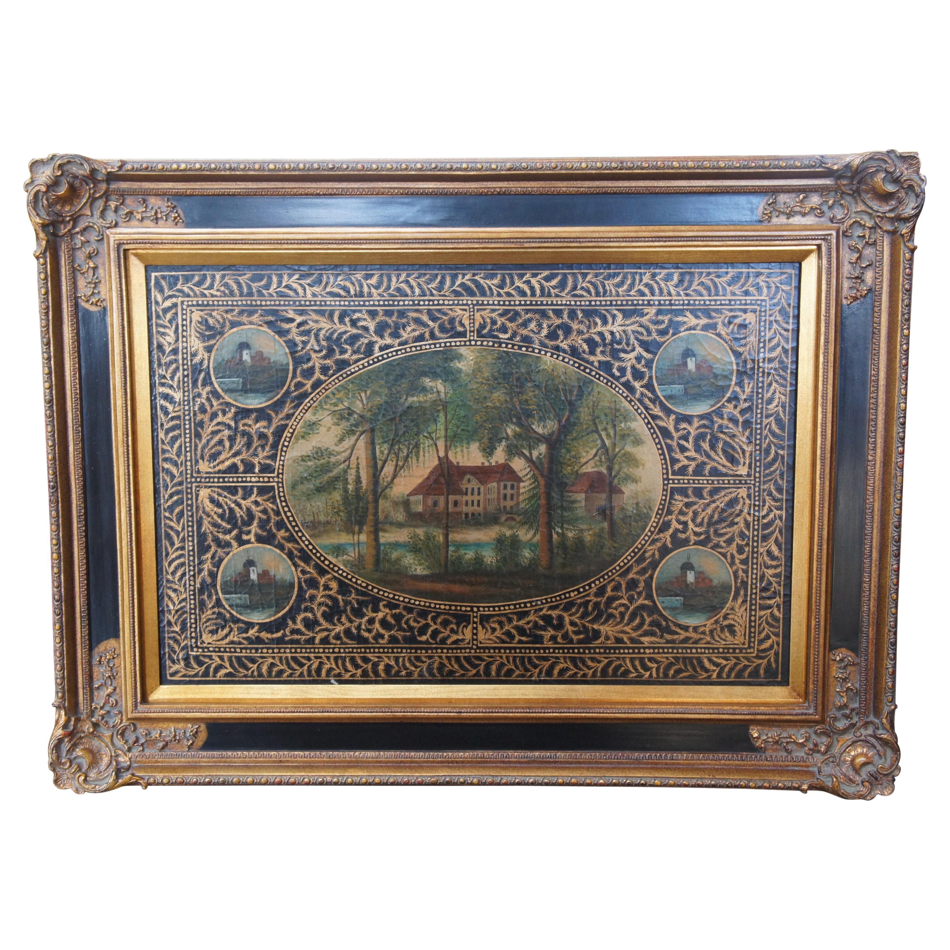 Tole vintage - Paysage de cottage en bois peint  la main avec cadre en mtal