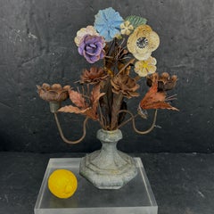 Vintage Tole Iron Candelabra Centerpiece, Floral Design, Aged Metal