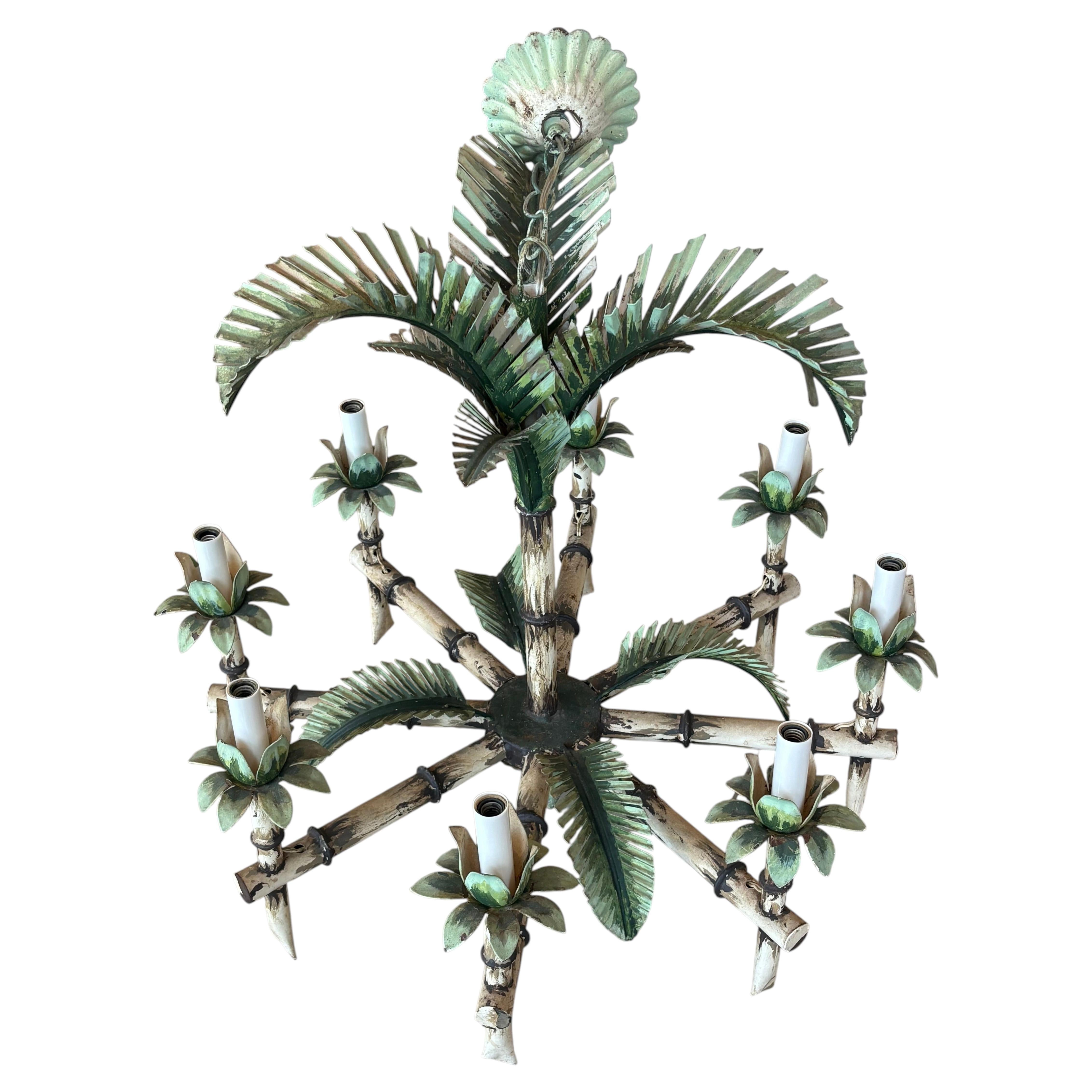 Vintage Tole Metal Palm Beach Tree Leaf Leaves 8 Light Chandelier