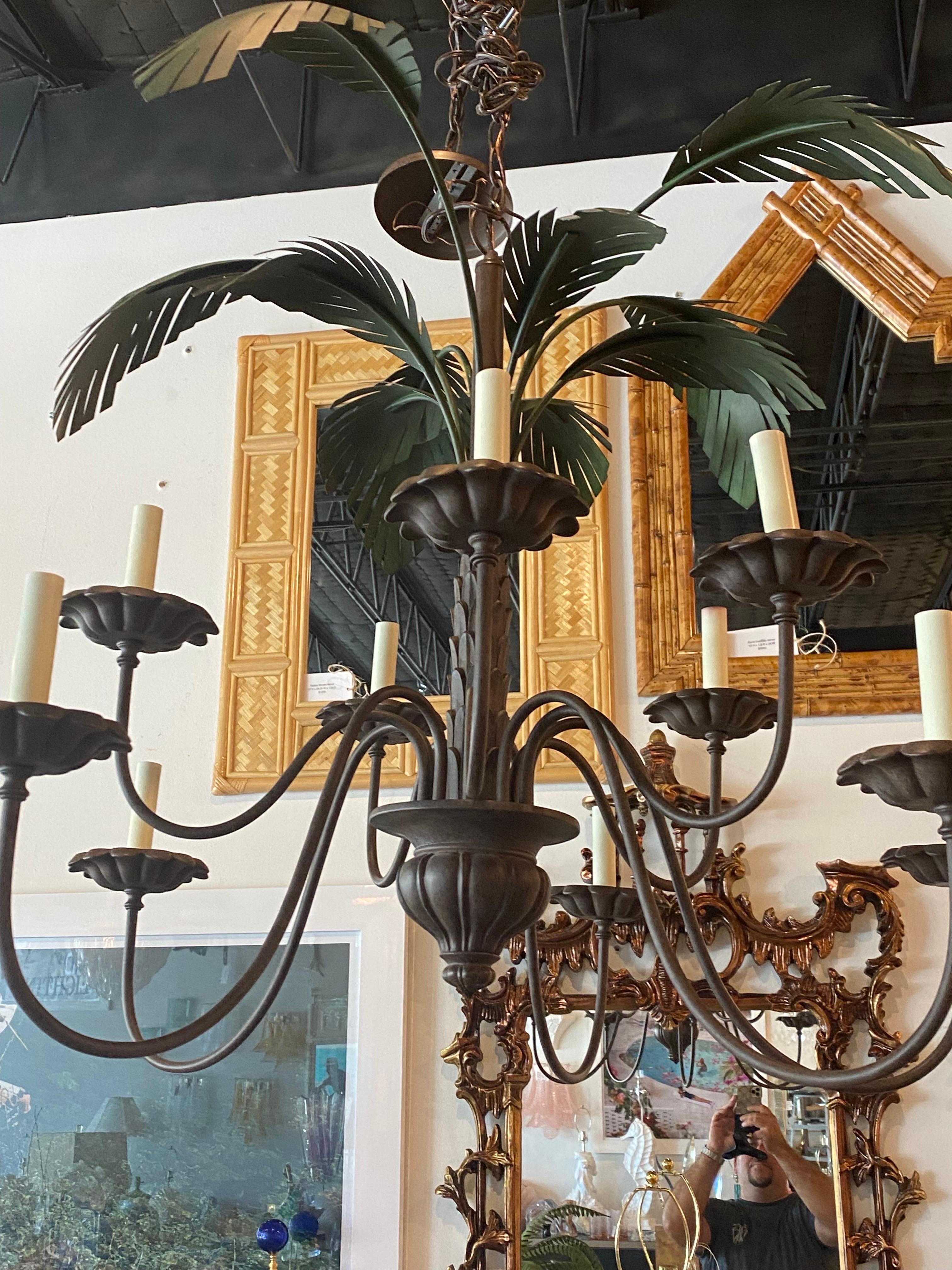 Vintage Tole Metal Palm Tree Tropical Leaf Leaves 10 Light Chandelier 2