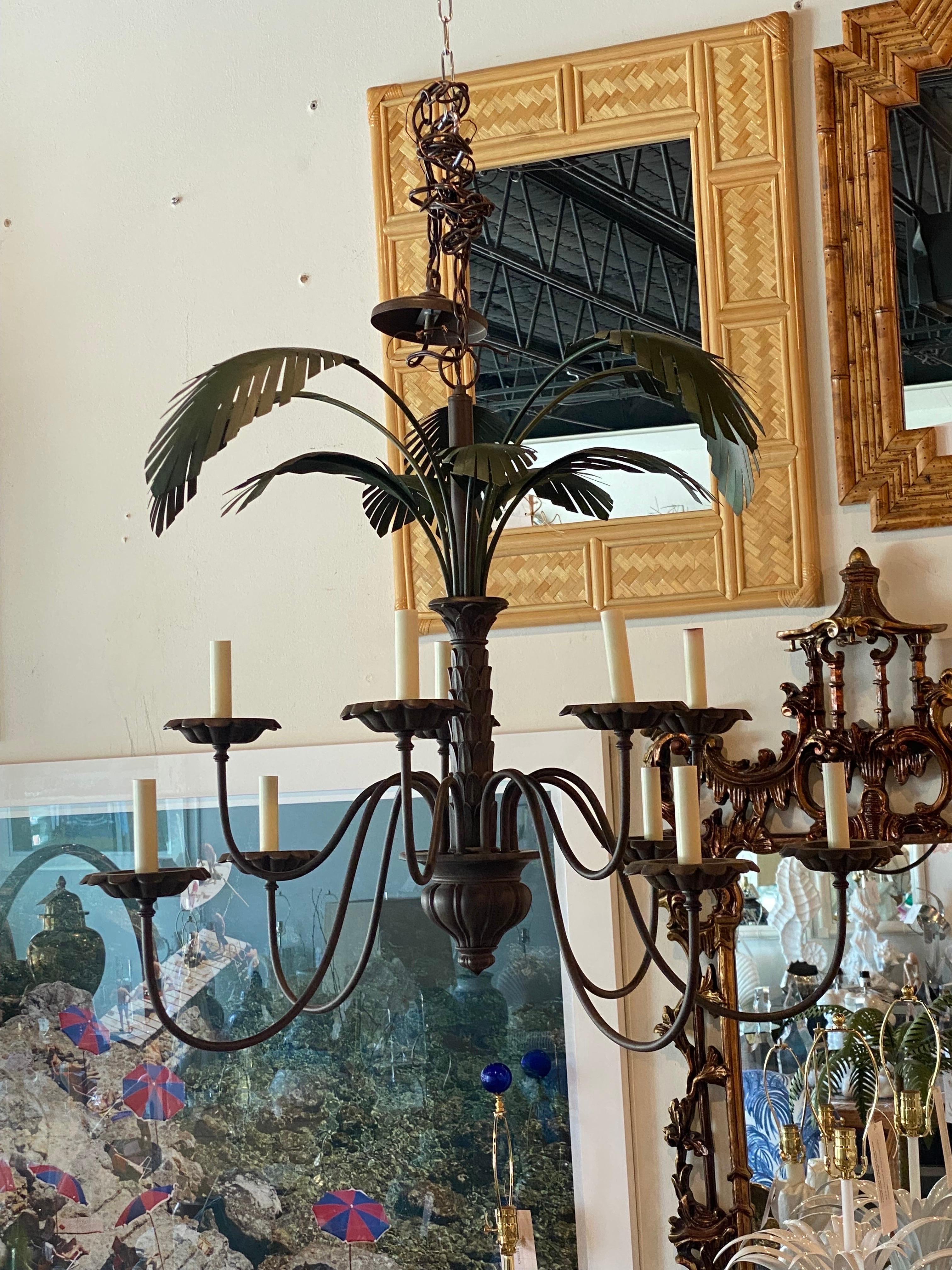 Vintage Tole Metal Palm Tree Tropical Leaf Leaves 10 Light Chandelier 3