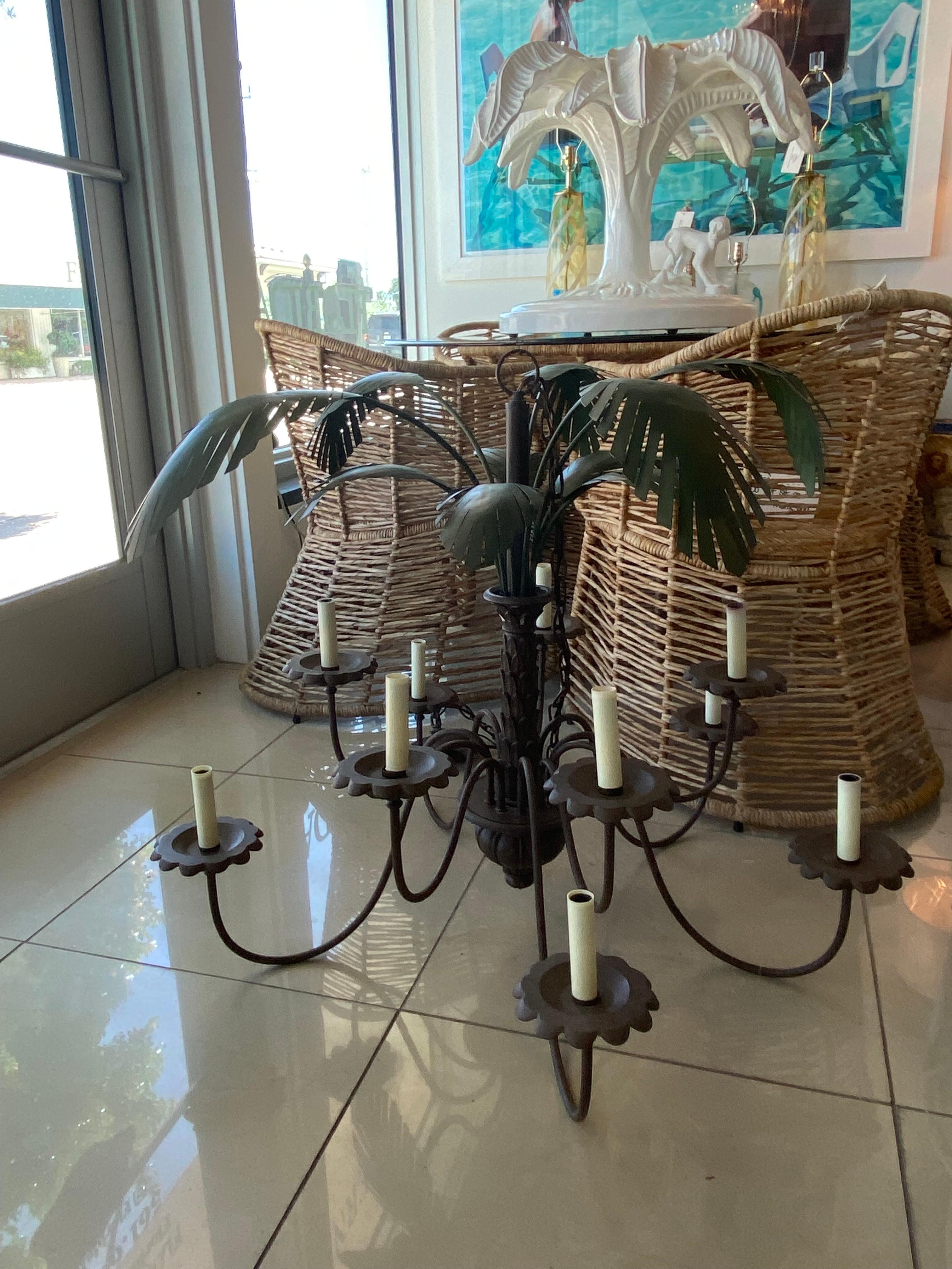 Vintage palm tree leaf leaves 10 light chandelier. Original vintage finish may have minor imperfections. Tested and in working order. Ceiling cap and chain included. Size is for chandelier only and does not include chain length. Dimensions: 28 H x