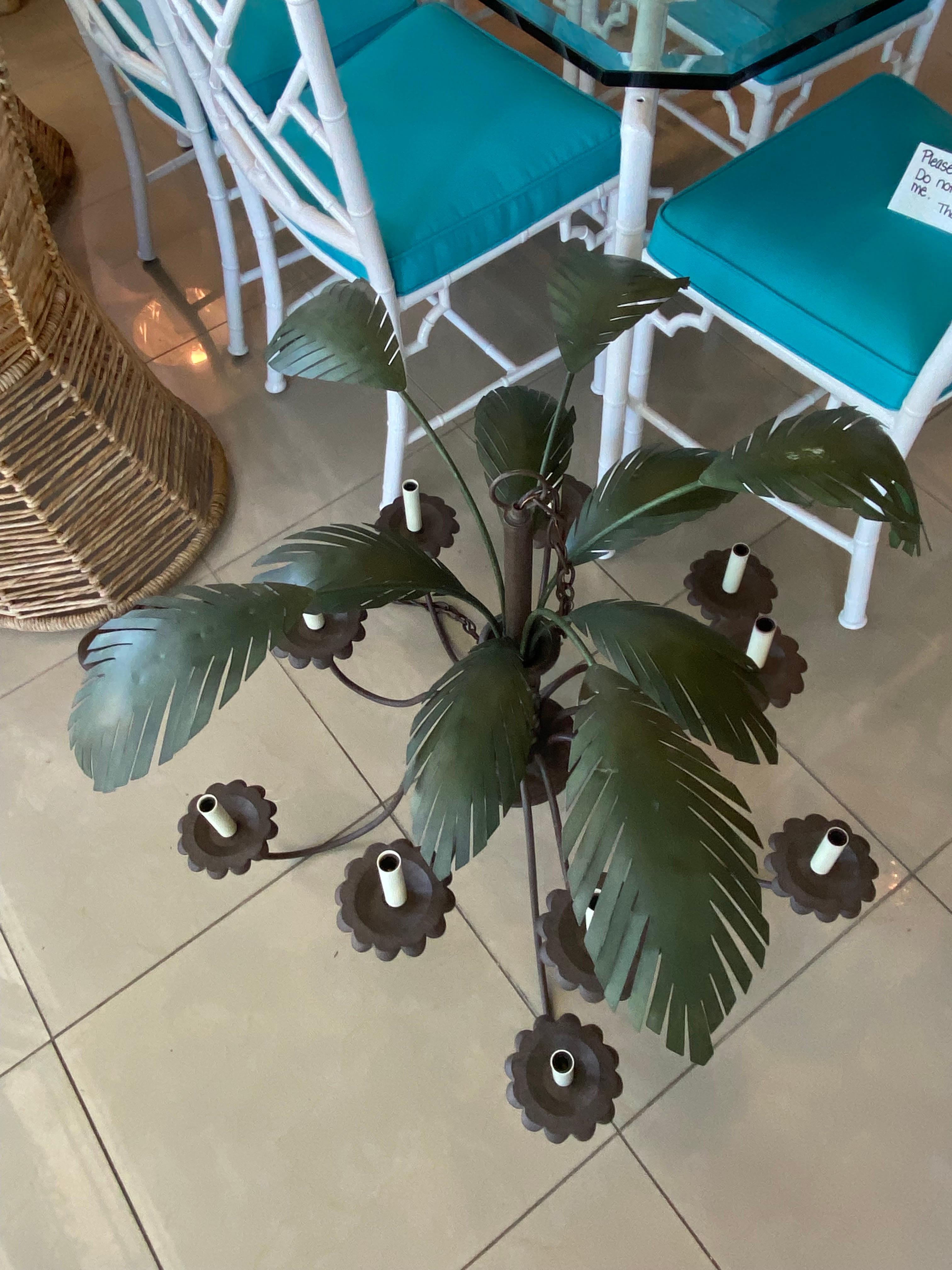 Hollywood Regency Vintage Tole Metal Palm Tree Tropical Leaf Leaves 10 Light Chandelier