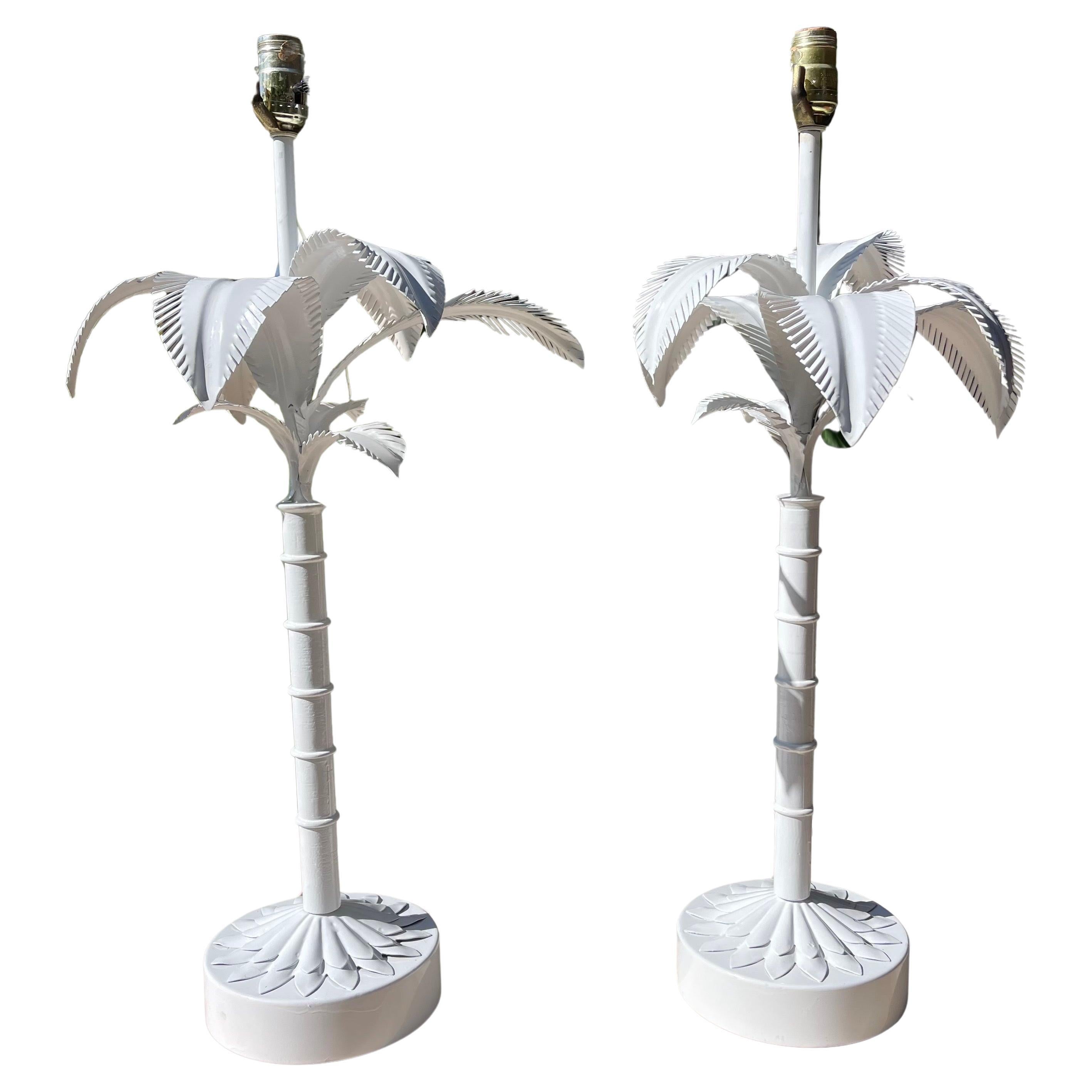 Vintage Tole Painted Metal Palm Tree Form Table Lamps, a Pair