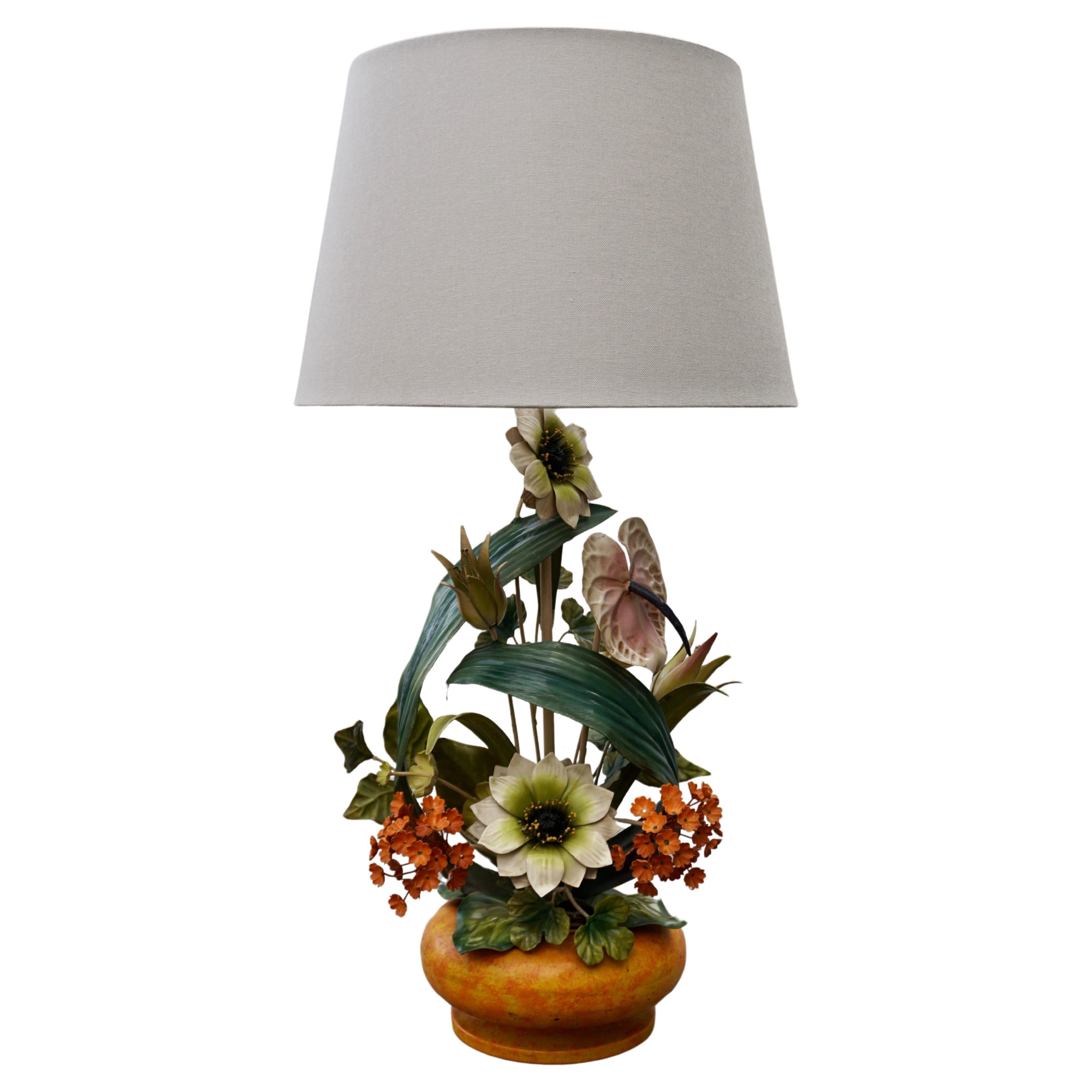 Vintage Tole Toleware Metal Art Flower Petite Lamp Italy Shabby Chic For Sale