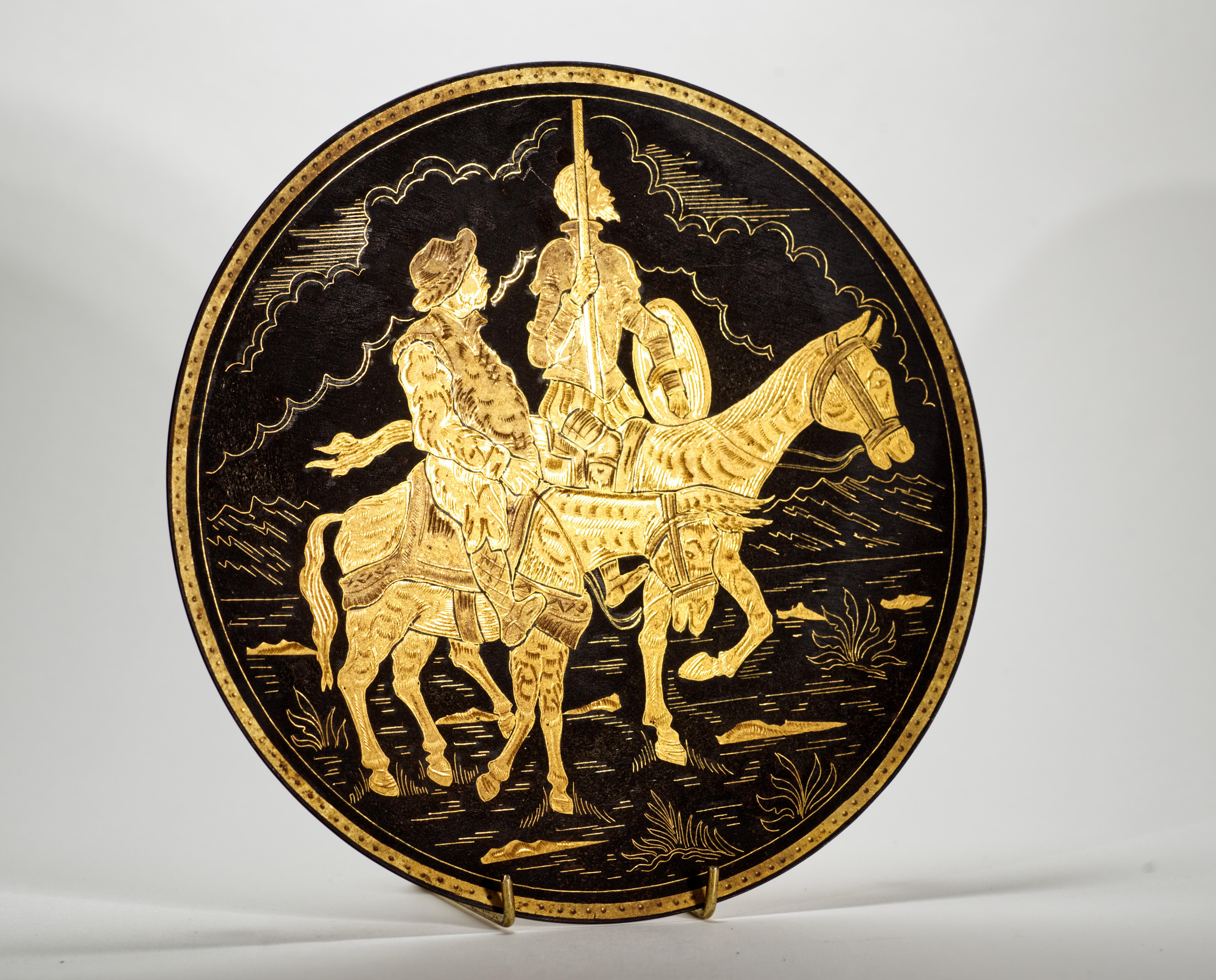 Mid-Century Modern Vintage Toledo Damascene Footed Plate, Don Quixote and Sancho Panza