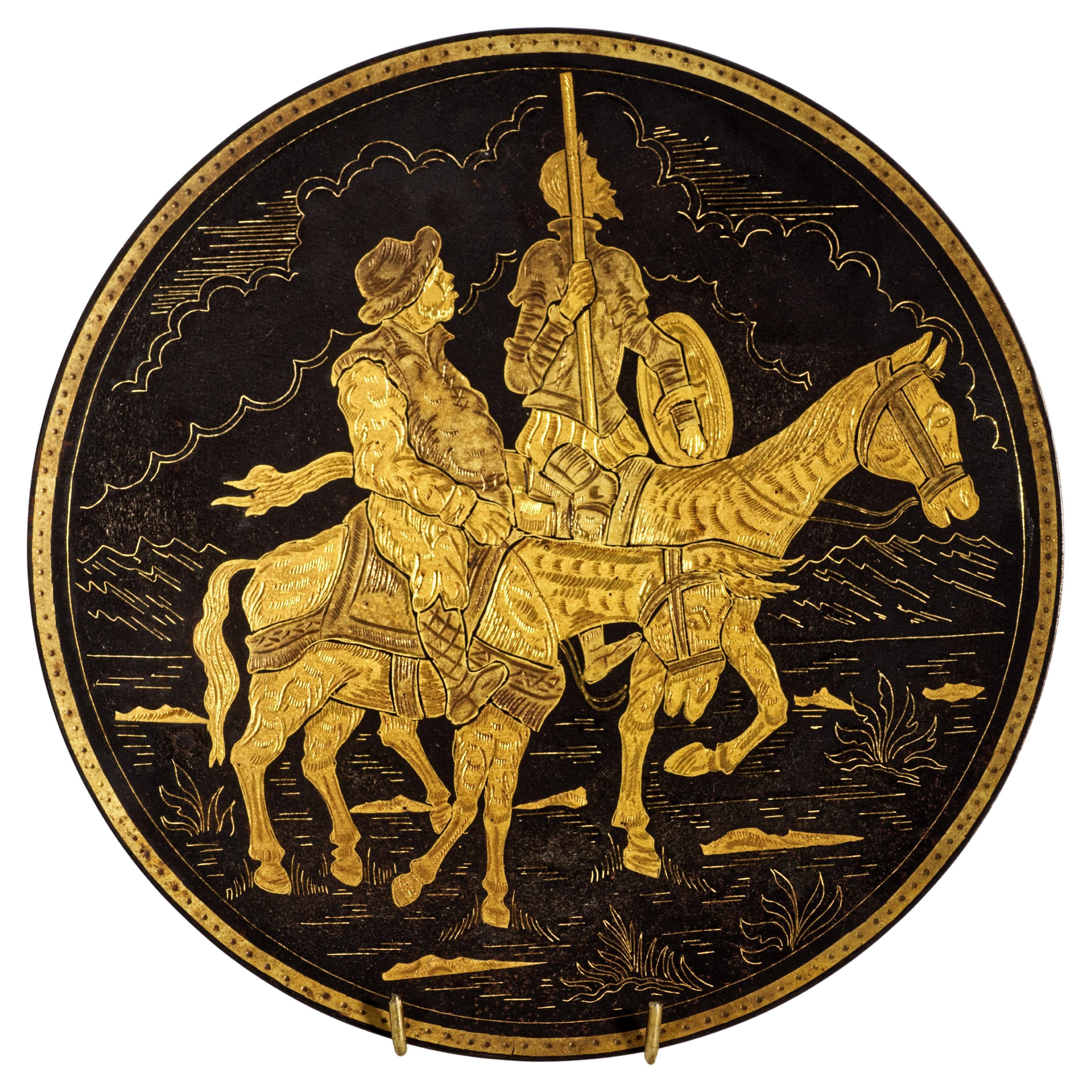 Vintage Toledo Damascene Footed Plate, Don Quixote and Sancho Panza