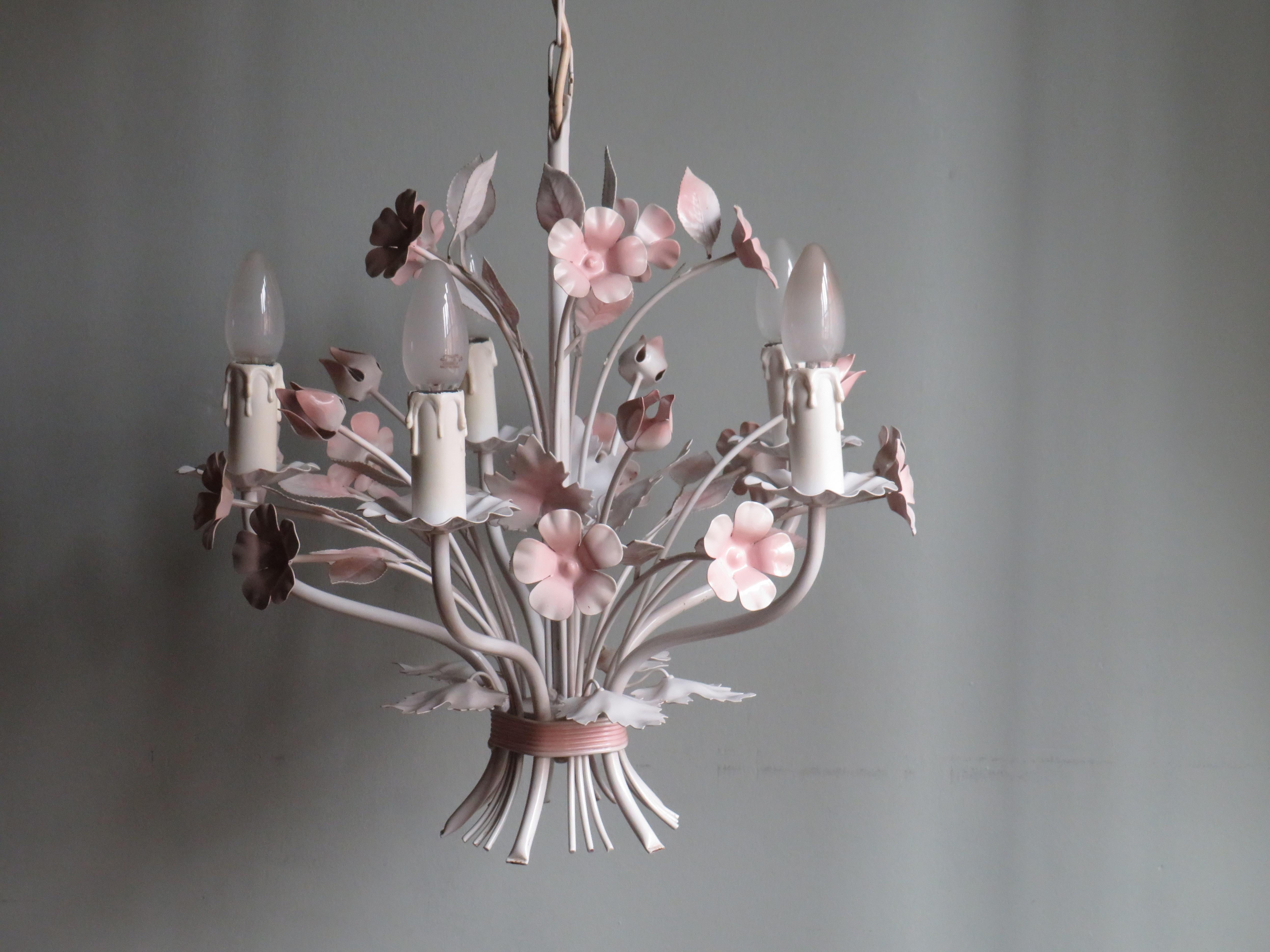 Italian Vintage Toleware Chandelier with Floral Motifs, Italy, 1960s For Sale