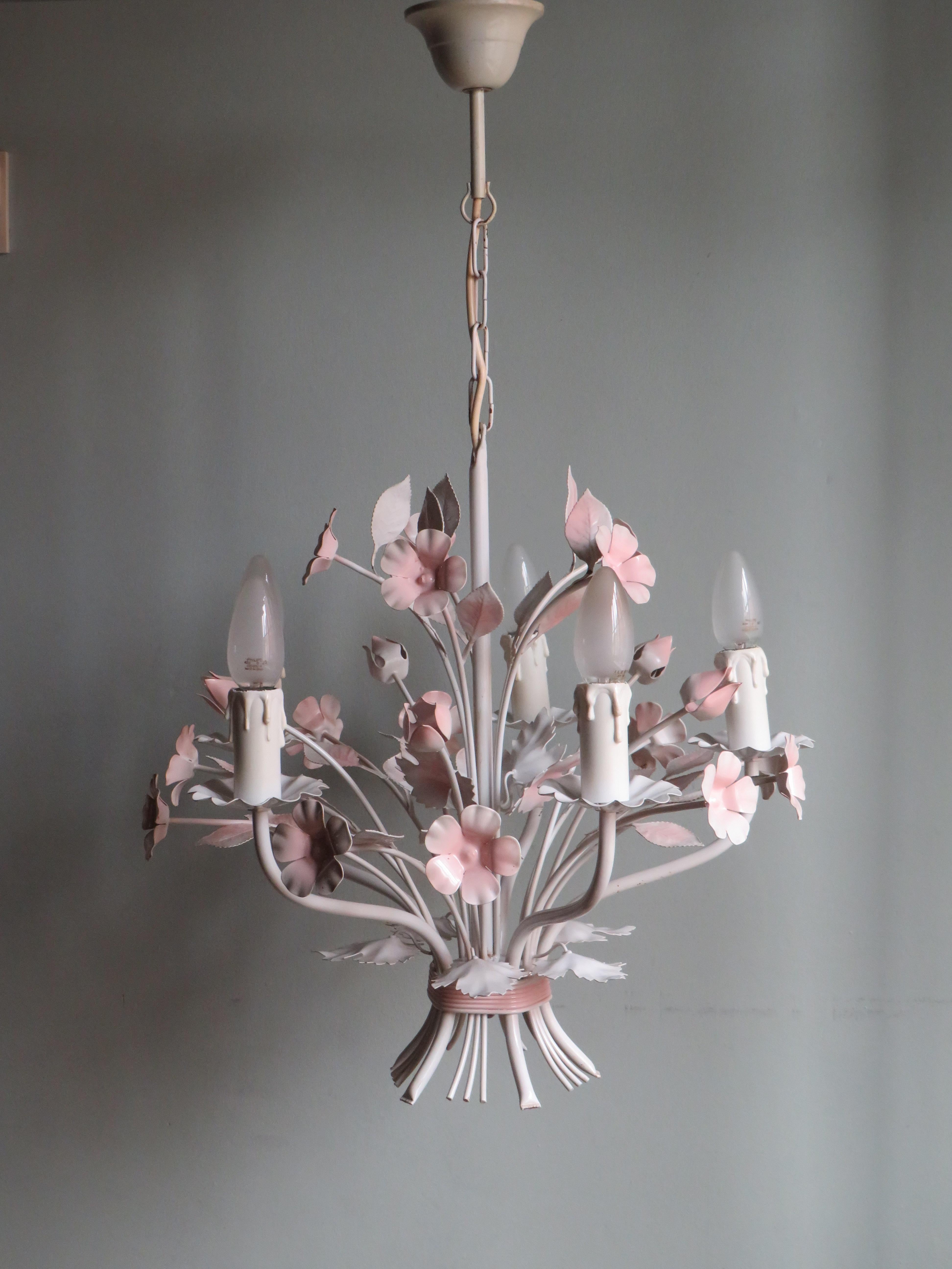 Painted Vintage Toleware Chandelier with Floral Motifs, Italy, 1960s For Sale