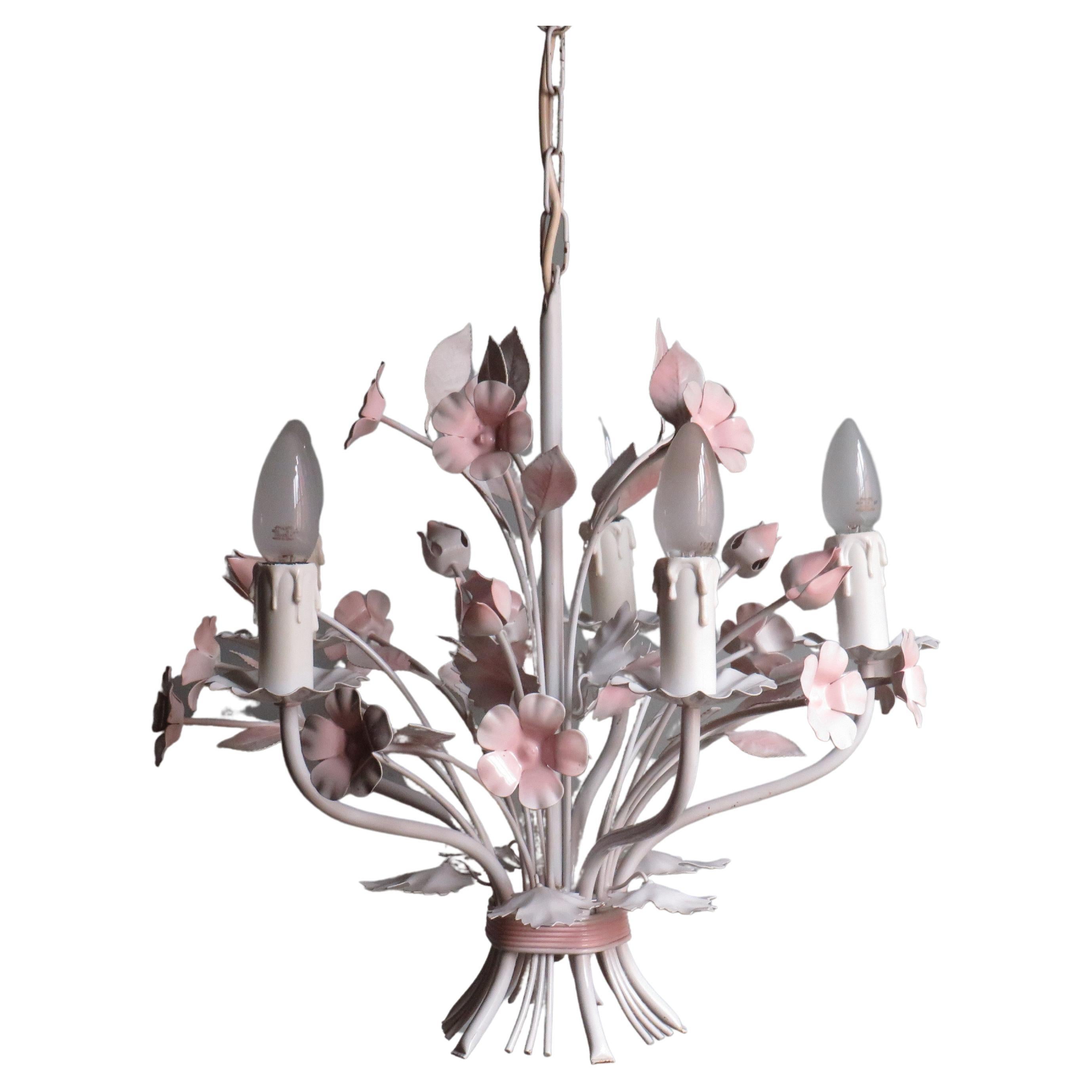 Vintage Toleware Chandelier with Floral Motifs, Italy, 1960s For Sale