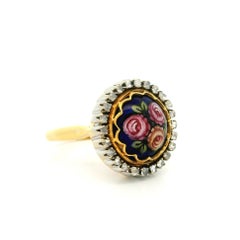 Vintage Toliro 18k Gold Hand Painted Flower w/ Diamond Halo Cocktail Ring