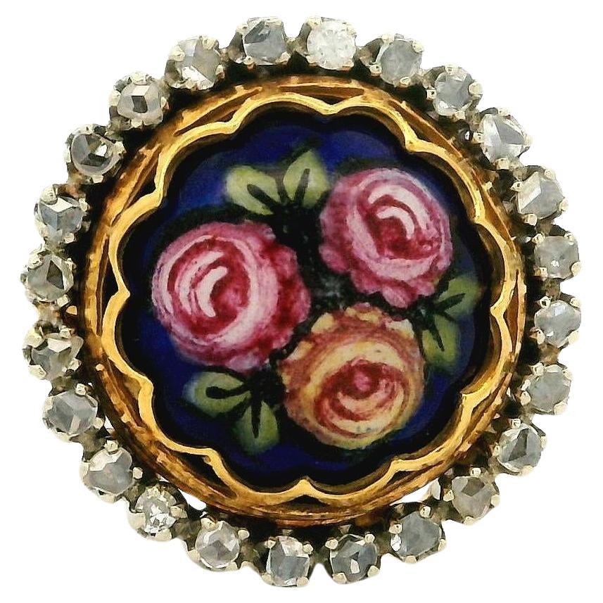 Vintage Toliro 18k Gold Hand Painted Flower w/ Diamond Halo Cocktail Ring For Sale