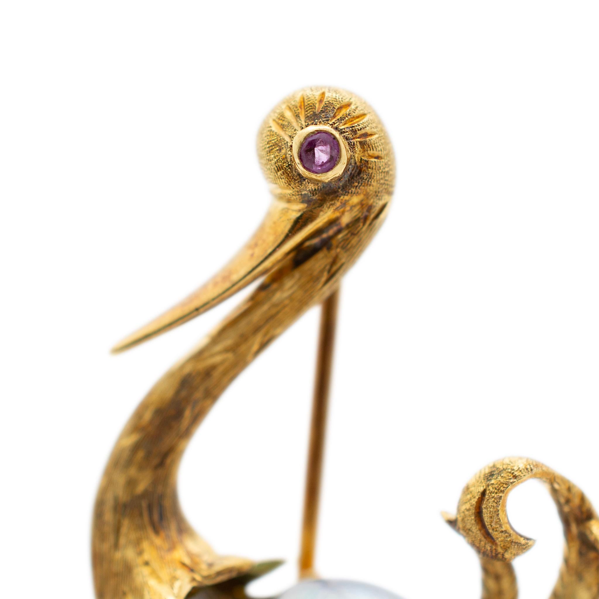 Women's or Men's Vintage Toliro 18K Yellow Gold Rough Mabe Pearl Belly Ruby Eye Ostrich Brooch For Sale