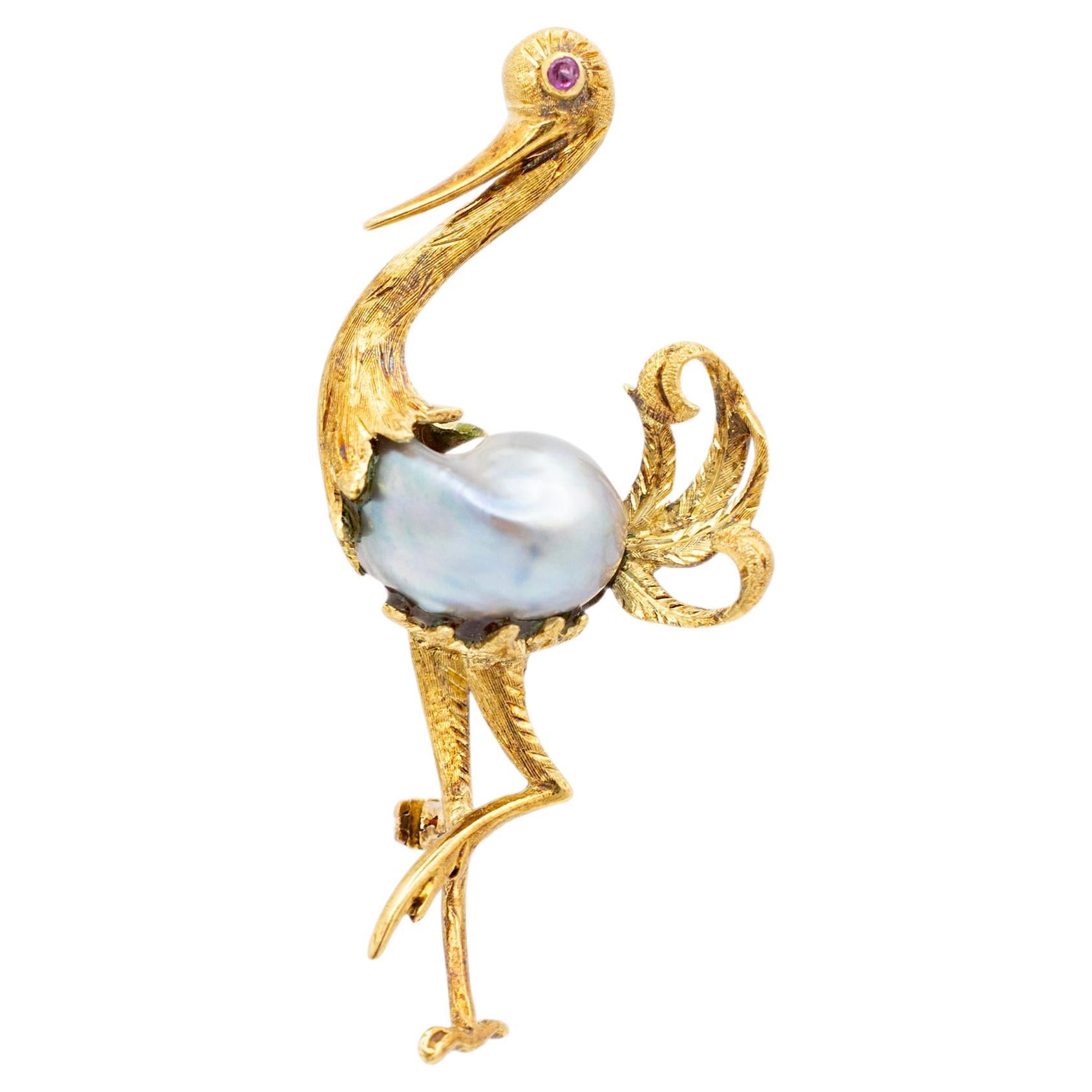 Vintage Toliro 18K Yellow Gold Rough Mabe Pearl Belly Ruby Eye Ostrich Brooch For Sale