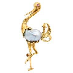 Vintage Toliro 18K Yellow Gold Rough Mabe Pearl Belly Ruby Eye Ostrich Brooch