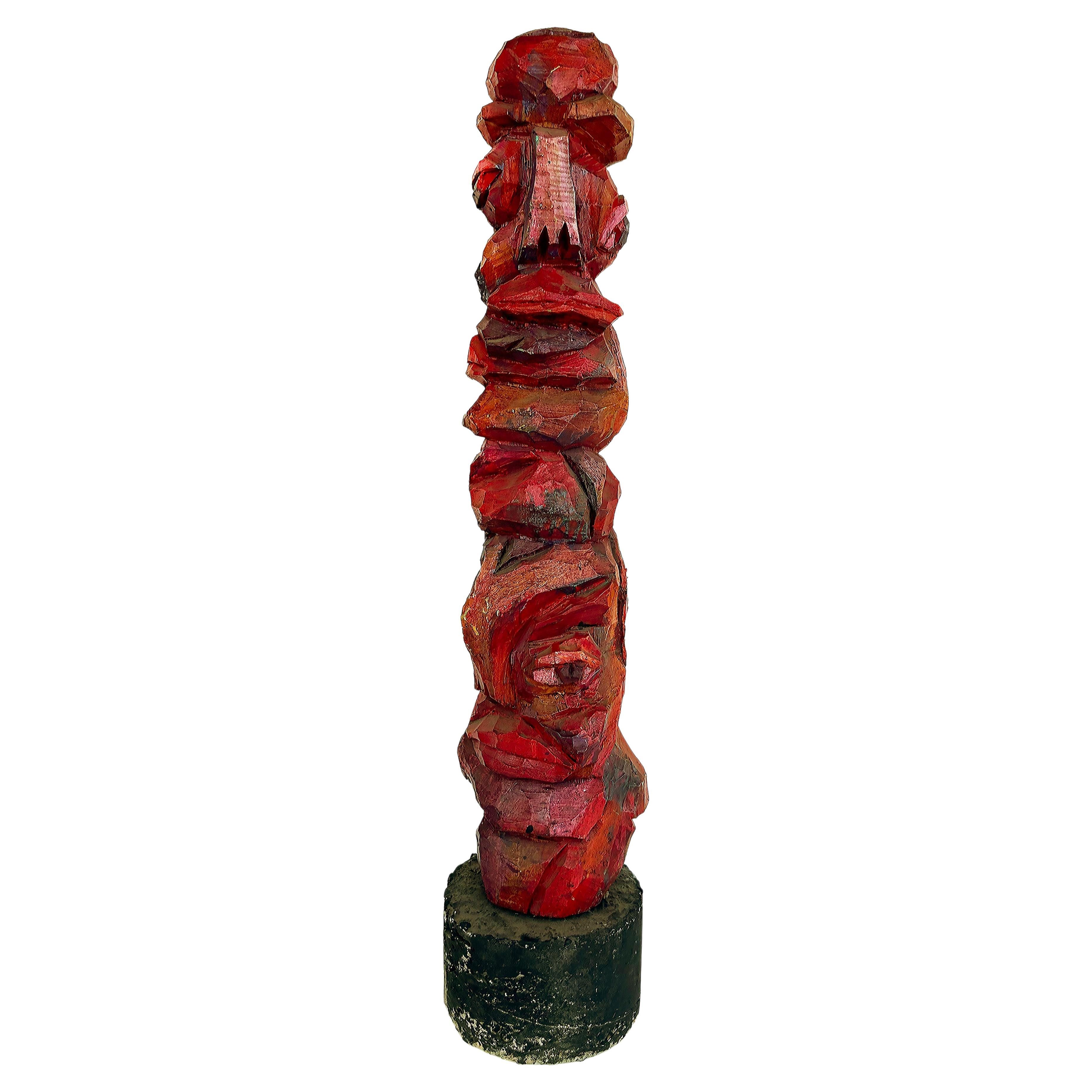 Primitives geschnitztes Totem-Volkskunst-Skulptur von Tom Cramer, polychromiert