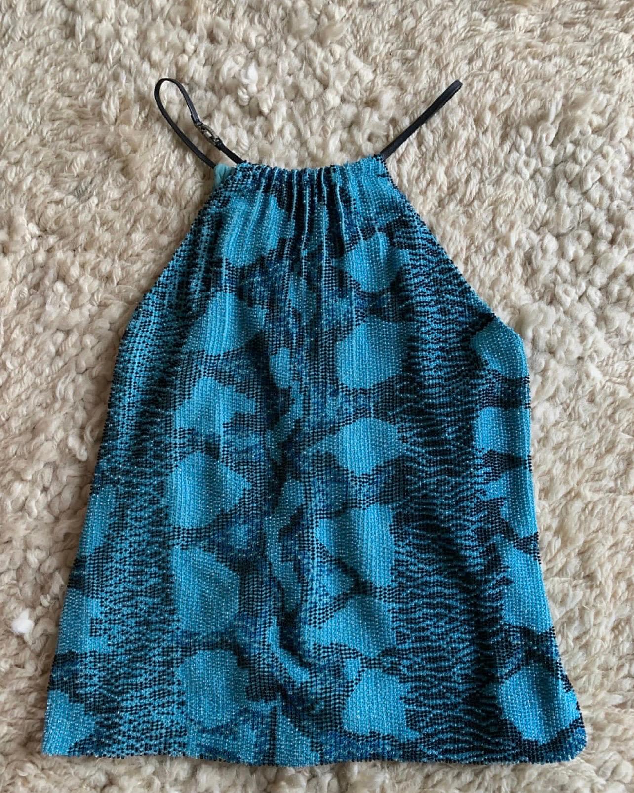 Blue Vintage Tom Ford and Gucci Silk Turquoise Snakeskin Beaded Python Print Top