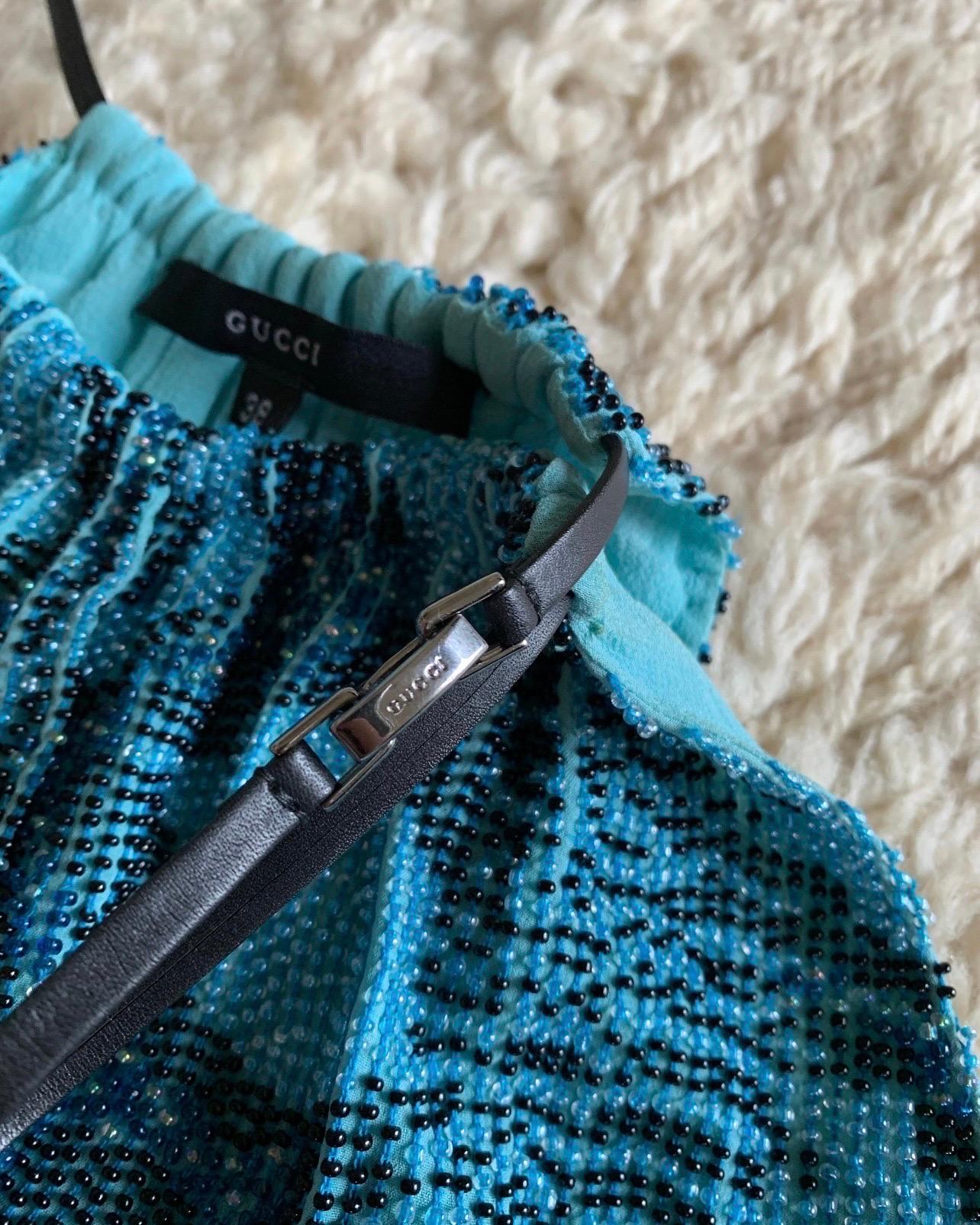 Vintage Tom Ford and Gucci Silk Turquoise Snakeskin Beaded Python Print Top In Excellent Condition For Sale In Malibu, CA