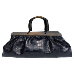 Used Tom Ford for Gucci 2002 Black Crocodile Wooden Handle Doctors Large Bag 