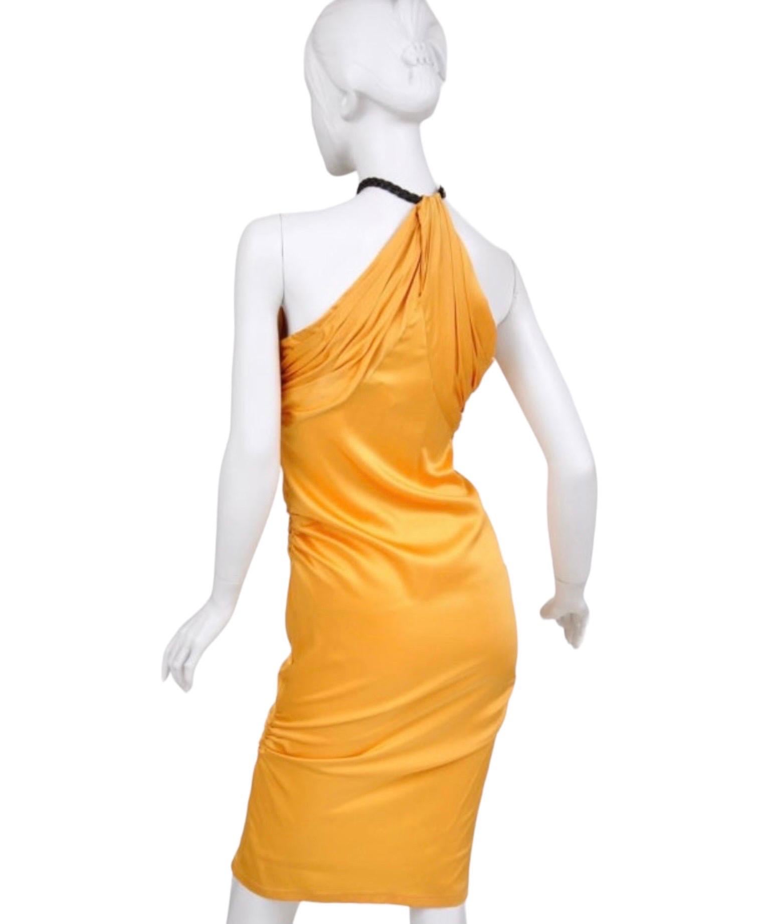  Vintage Tom Ford for Gucci 2004 Collection Yellow Silk Dress with Leather  In Excellent Condition For Sale In Montgomery, TX