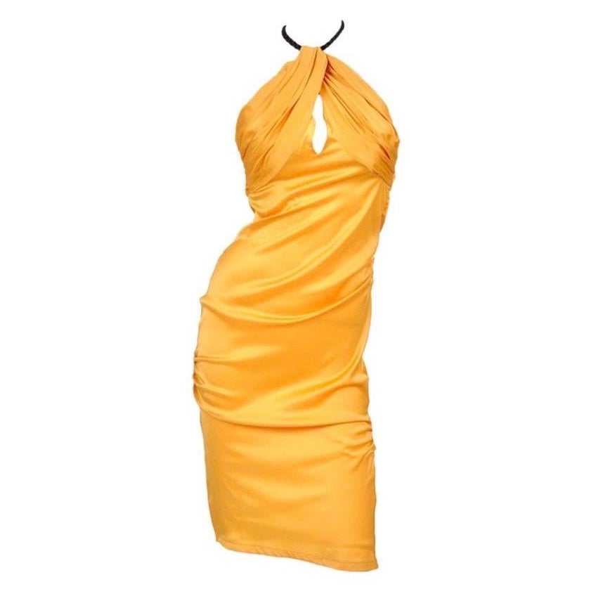 Vintage Tom Ford for Gucci 2004 Collection Yellow Silk Dress with Leather  For Sale
