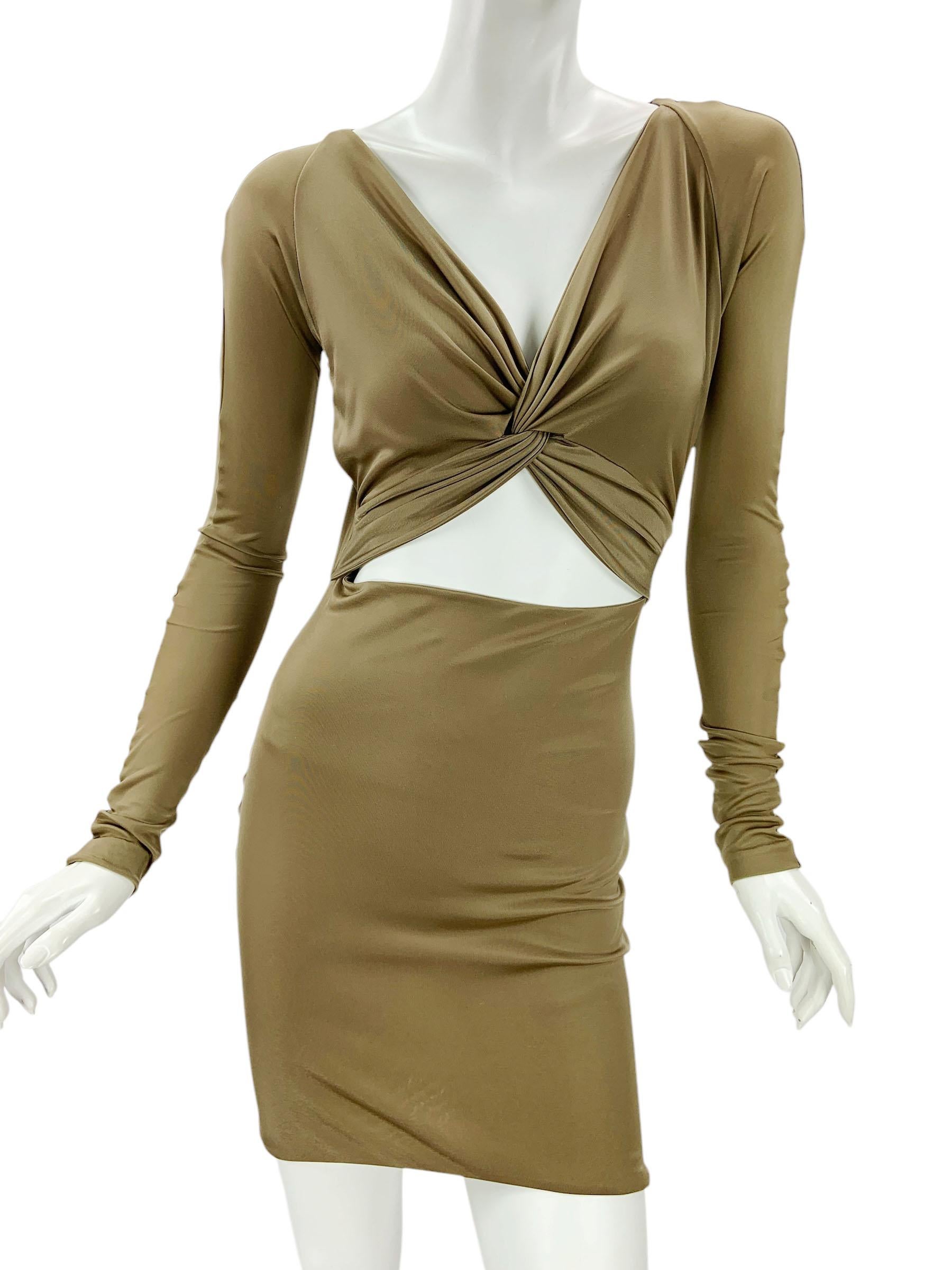 Brown Vintage Tom Ford for Gucci Cut Out Jersey Olive Green Mini Dress size M For Sale