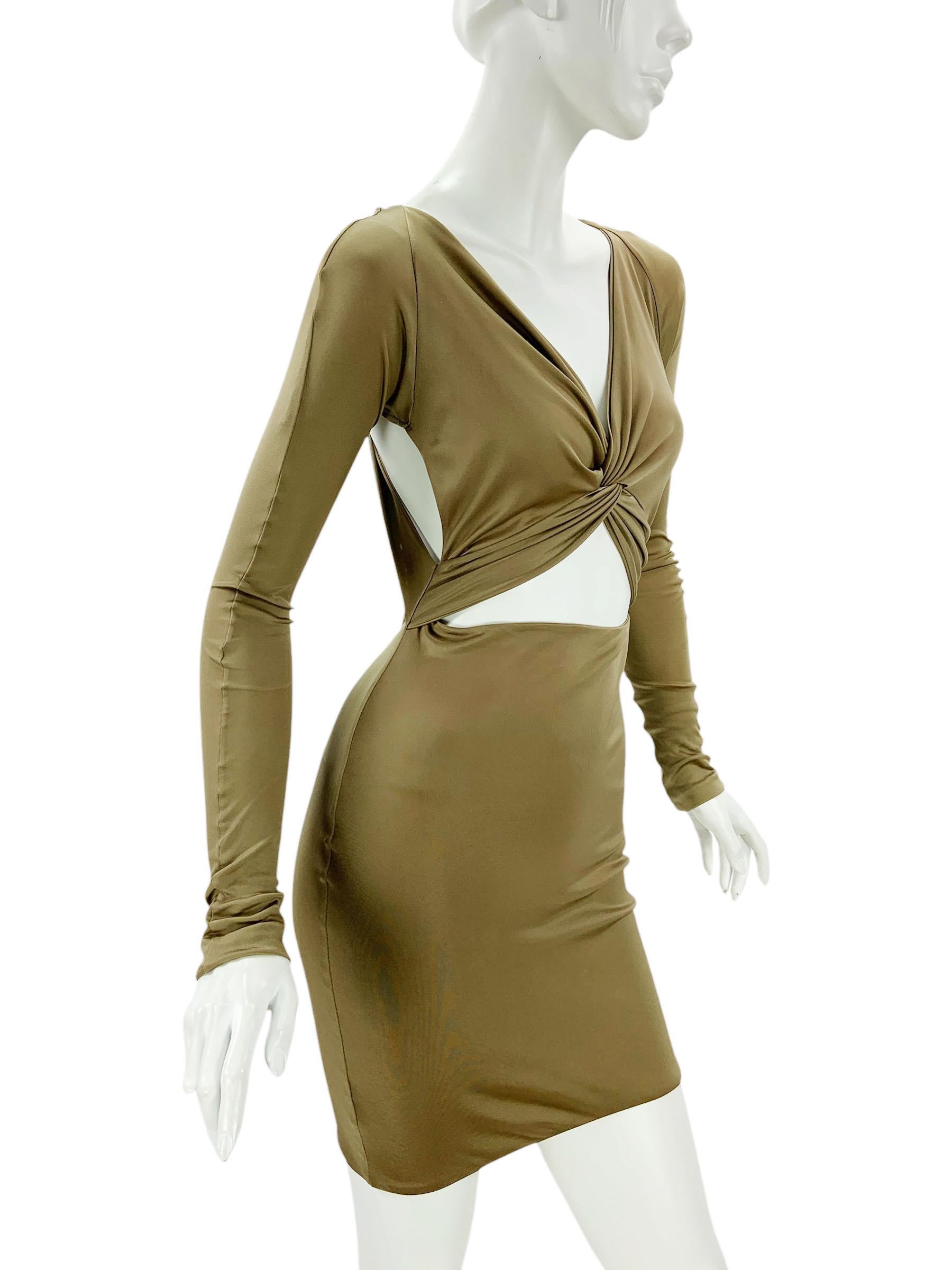 Vintage Tom Ford for Gucci Cut Out Jersey Olive Green Mini Dress size M In Excellent Condition For Sale In Montgomery, TX