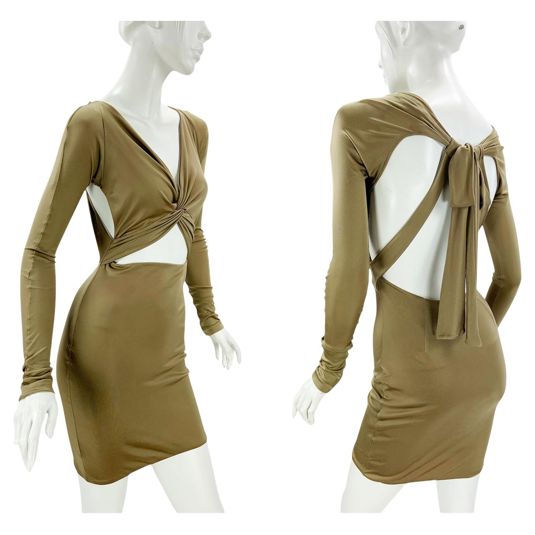 Vintage Tom Ford for Gucci Cut Out Jersey Olive Green Mini Dress size M For Sale