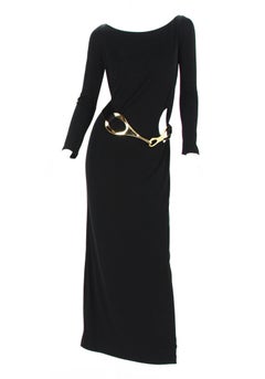 Vintage Tom Ford for Gucci F/W 1996 Black Jersey Dress Gown w Pony Hair Belt 42