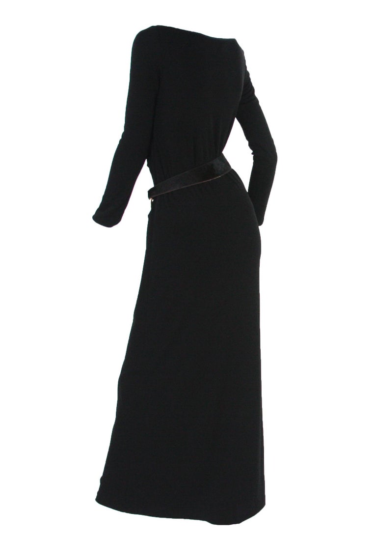 Women's Vintage Tom Ford for Gucci F/W 1996 Black Jersey Dress Gown w Pony Hair Belt 42 For Sale