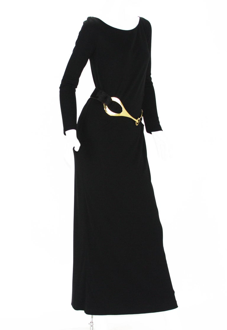Vintage Tom Ford for Gucci F/W 1996 Black Jersey Dress Gown w Pony Hair Belt 42 For Sale 1