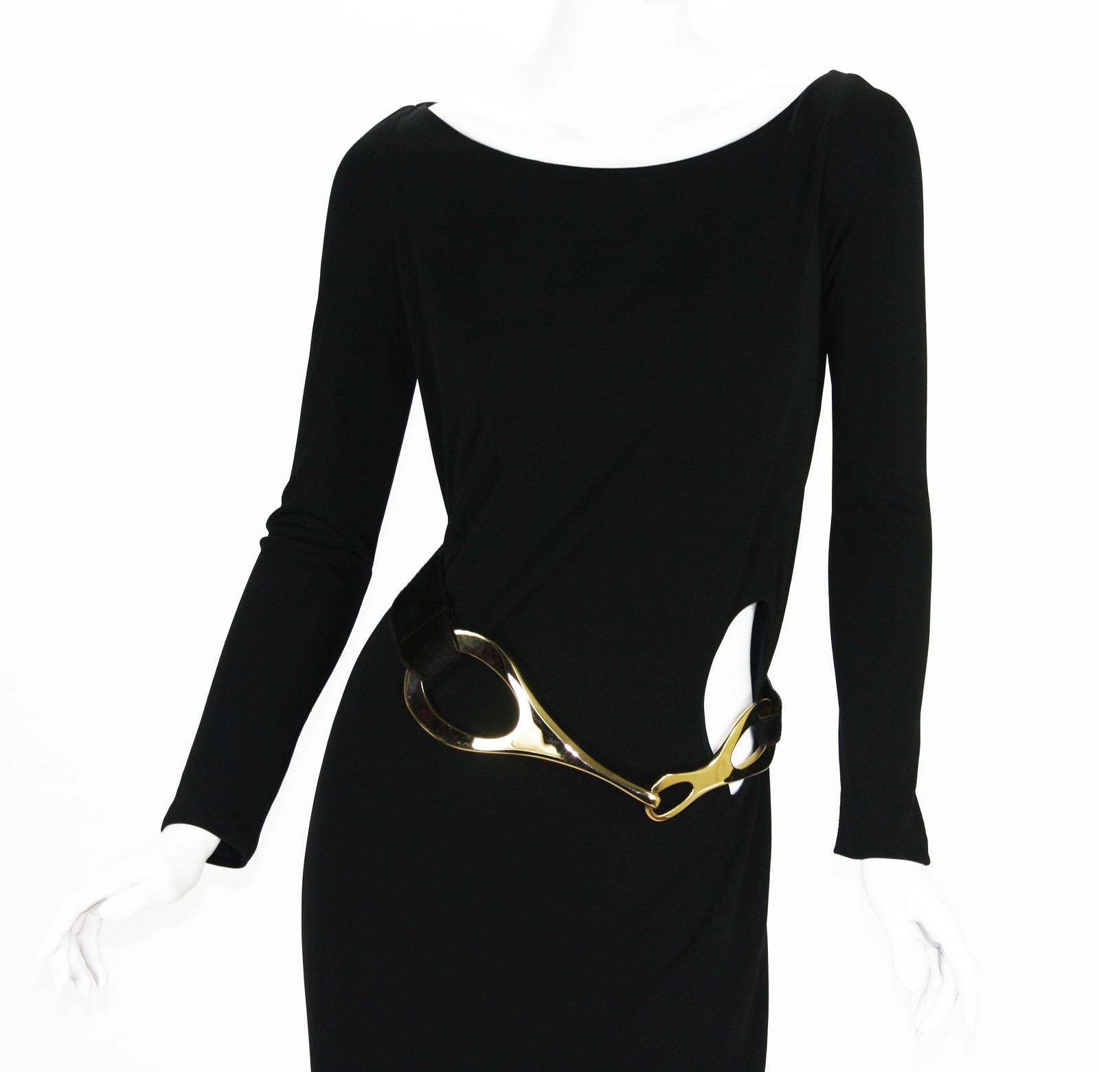 Vintage Tom Ford for Gucci F/W 1996 Black Jersey Dress Gown w Pony Hair Belt 42 In Excellent Condition For Sale In Montgomery, TX