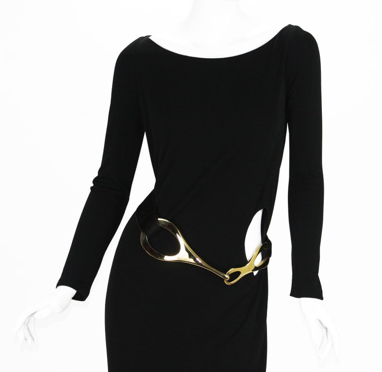 Vintage Tom Ford for Gucci F/W 1996 Black Jersey Dress Gown w Pony Hair Belt 42 For Sale 2
