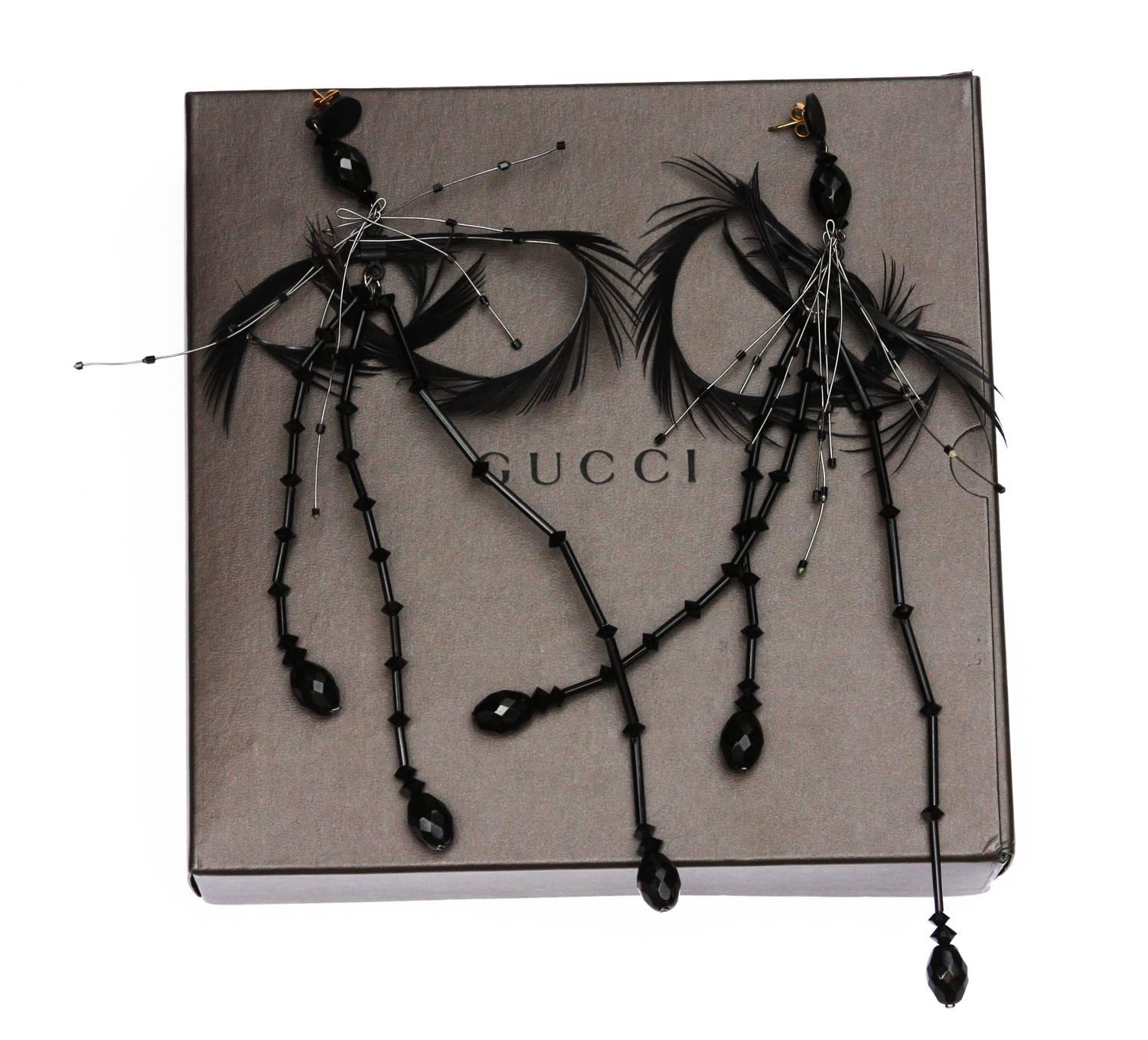 Black Vintage Tom Ford for Gucci F/W 2001 Feather Crystal Earrings Museum Italy For Sale